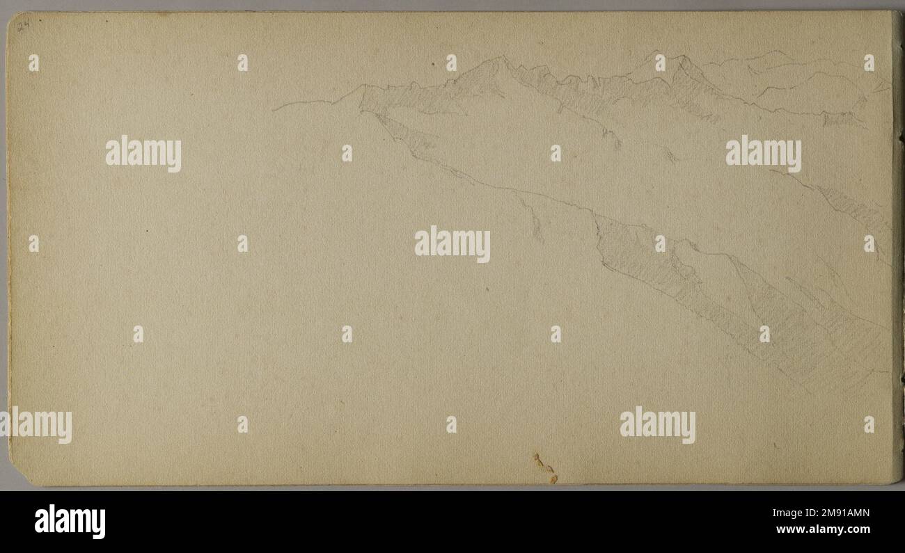 Sketchbook italiano Sanford Robinson Gifford (americano, 1823-1880). Sketchbook italiano, 1867-1868. Grafite su carta marrone, peso medio, leggermente ruvida, 5 x 9 x 7/16 pollici (12,7 x 22,9 x 1,1 cm). Questo libro di schizzo è stato utilizzato come diario di viaggio per il pittore di paesaggio della Hudson River School Sanford Robinson Gifford durante i suoi viaggi in Francia, Svizzera e Italia. In questo spread di due pagine raffigurante la chiesa di Santa Caterina del Sasso, arroccata precariamente sul bordo di una rupe che domina il Lago maggiore in Italia, le linee precise e sicure di Gifford esemplificano le sue capacità di disegnatore. Un pr Foto Stock