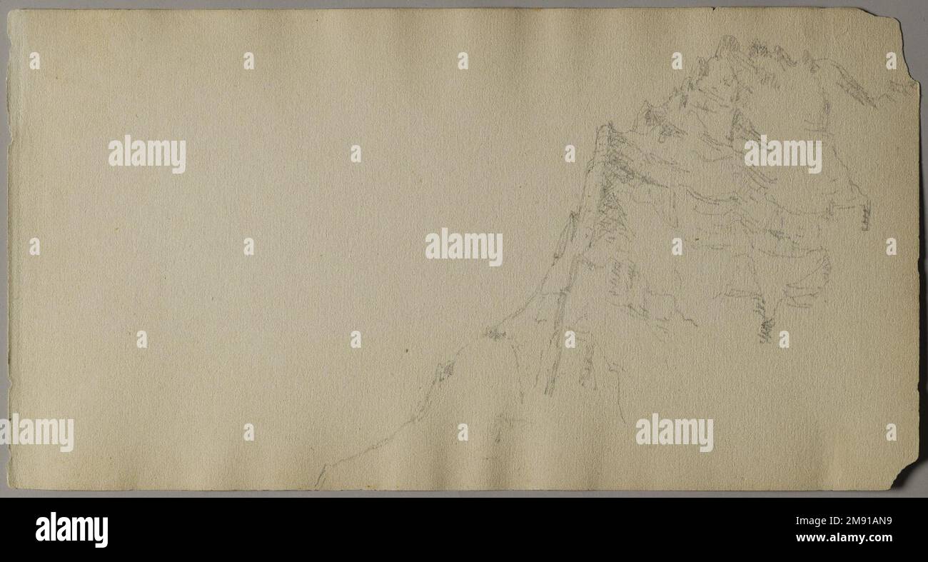 Sketchbook italiano Sanford Robinson Gifford (americano, 1823-1880). Sketchbook italiano, 1867-1868. Grafite su carta marrone, peso medio, leggermente ruvida, 5 x 9 x 7/16 pollici (12,7 x 22,9 x 1,1 cm). Questo libro di schizzo è stato utilizzato come diario di viaggio per il pittore di paesaggio della Hudson River School Sanford Robinson Gifford durante i suoi viaggi in Francia, Svizzera e Italia. In questo spread di due pagine raffigurante la chiesa di Santa Caterina del Sasso, arroccata precariamente sul bordo di una rupe che domina il Lago maggiore in Italia, le linee precise e sicure di Gifford esemplificano le sue capacità di disegnatore. Un pr Foto Stock