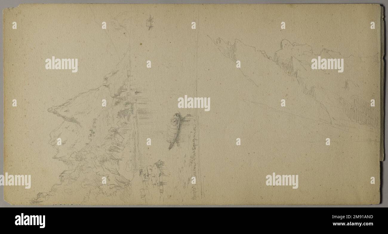 Sketchbook italiano Sanford Robinson Gifford (americano, 1823-1880). Sketchbook italiano, 1867-1868. Grafite su carta marrone, peso medio, leggermente ruvida, 5 x 9 x 7/16 pollici (12,7 x 22,9 x 1,1 cm). Questo libro di schizzo è stato utilizzato come diario di viaggio per il pittore di paesaggio della Hudson River School Sanford Robinson Gifford durante i suoi viaggi in Francia, Svizzera e Italia. In questo spread di due pagine raffigurante la chiesa di Santa Caterina del Sasso, arroccata precariamente sul bordo di una rupe che domina il Lago maggiore in Italia, le linee precise e sicure di Gifford esemplificano le sue capacità di disegnatore. Un pr Foto Stock