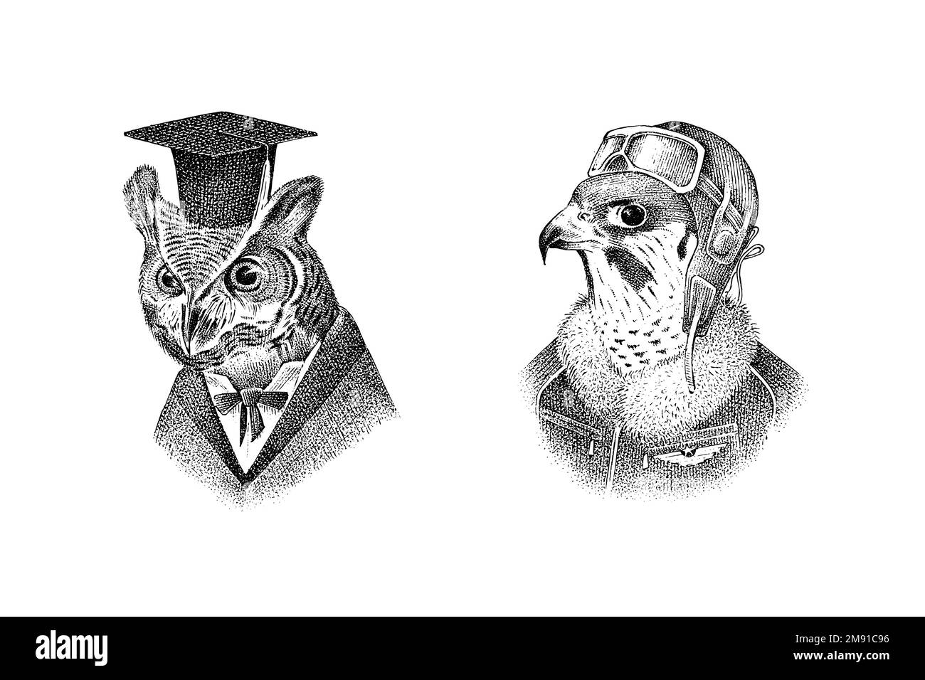 Personaggio di gufo scienziato in un cappello. Pilota falco di Peregrine con bicchieri. Uccello alla moda disegnato a mano. Vecchio schizzo monocromatico inciso. Illustrazione Vettoriale Personaggio di gufo scienziato in un cappello. Pilota falco di Peregrine con bicchieri. Uccello alla moda disegnato a mano. Vecchio schizzo monocromatico inciso. Illustrazione Vettoriale