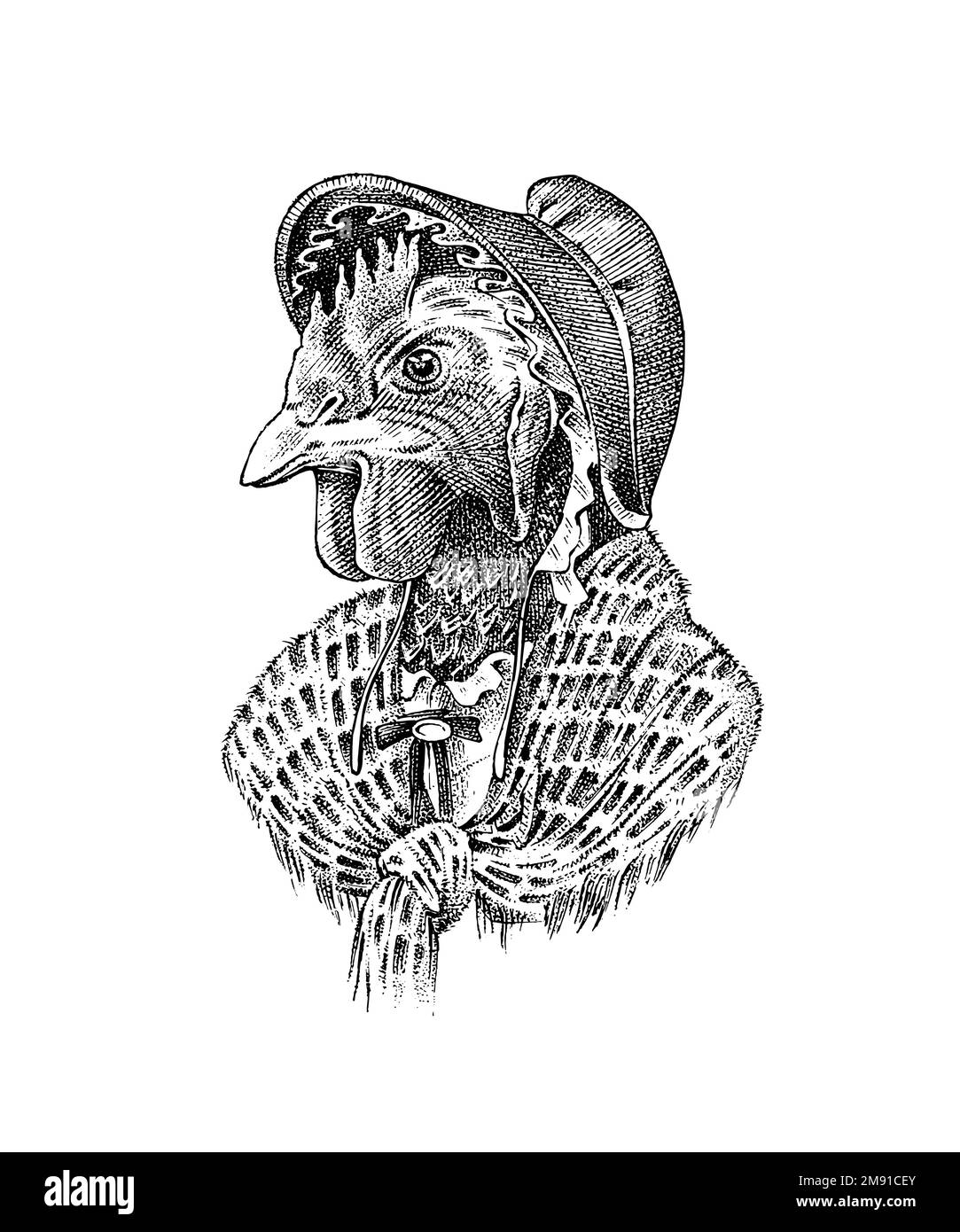 Carattere di pollo con una sciarpa. Aristocrat alla moda o Rich Man. Scarpetta disegnata a mano. Vecchio schizzo monocromatico inciso. Illustrazione Vettoriale Carattere di pollo con una sciarpa. Aristocrat alla moda o Rich Man. Scarpetta disegnata a mano. Vecchio schizzo monocromatico inciso. Illustrazione Vettoriale