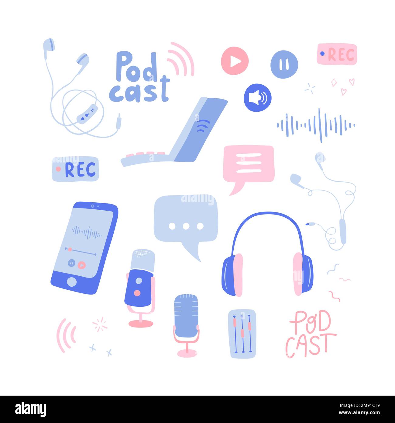 Elementi Podcast divertenti disegnati a mano, cuffie, microfono, laptop, smartphone, bolle vocali. Registrazione e ascolto di podcast - disegno vettoriale Illustrazione Vettoriale