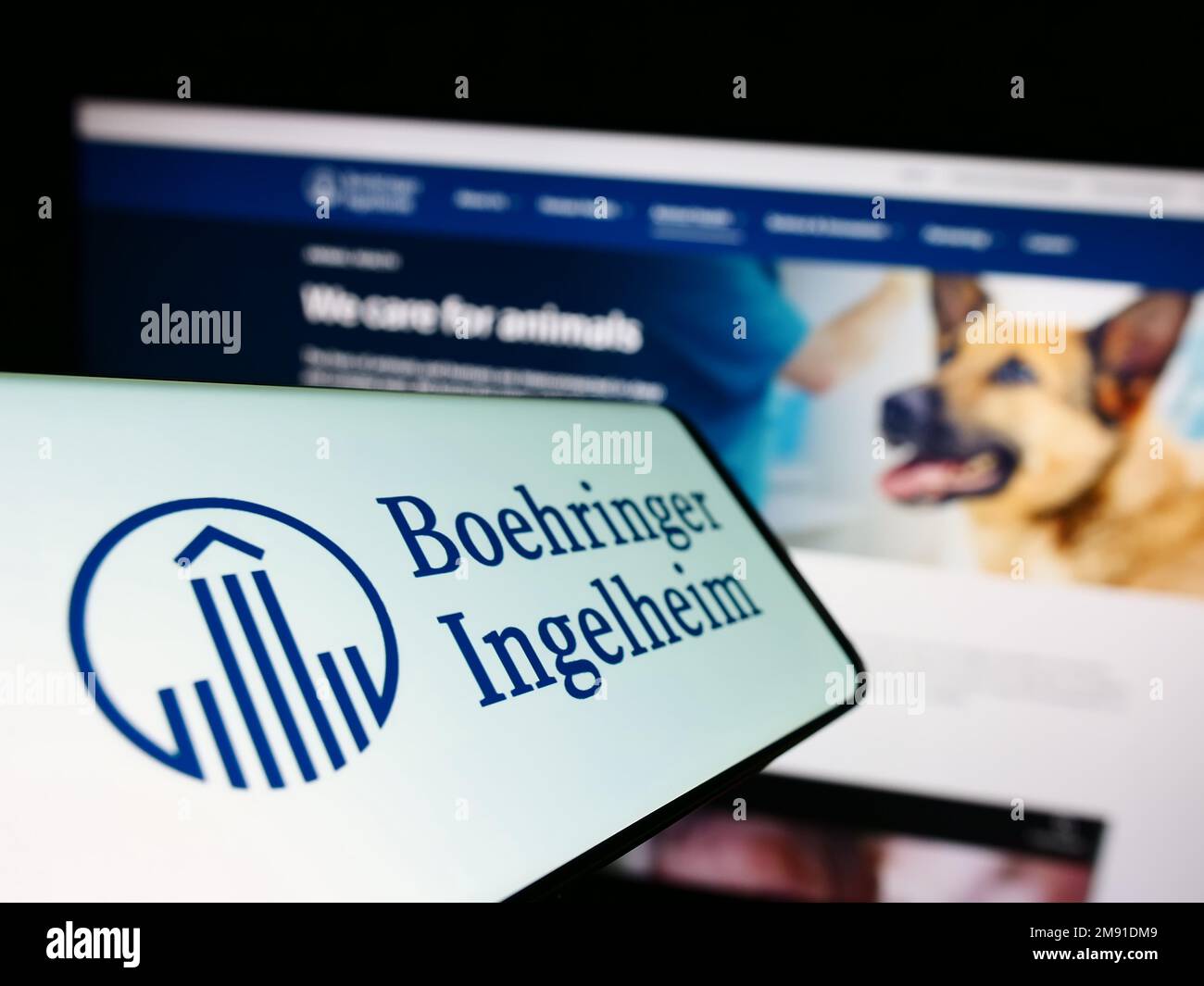 Cellulare con logo della società farmaceutica Boehringer Ingelheim sullo schermo di fronte al sito web aziendale. Messa a fuoco al centro a sinistra del display del telefono. Foto Stock