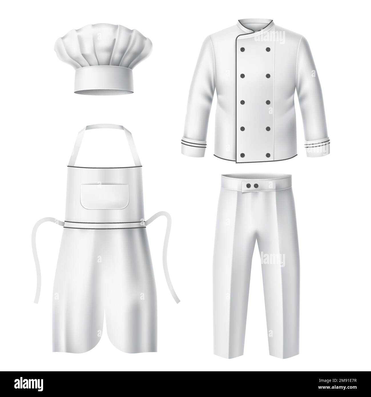 Uniforme cuoco realistica. Elementi per abiti da cucina, abbigliamento da lavoro professionale, berretto bianco, grembiule, pantaloni e giacca, cappello tradizionale, 3d elementi isolati Illustrazione Vettoriale