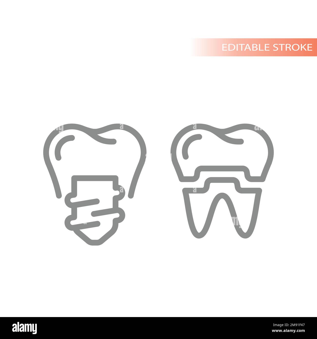 Icona dell'impianto dentale e del vettore della linea della corona. Simbolo del contorno implantologico del dente. Illustrazione Vettoriale