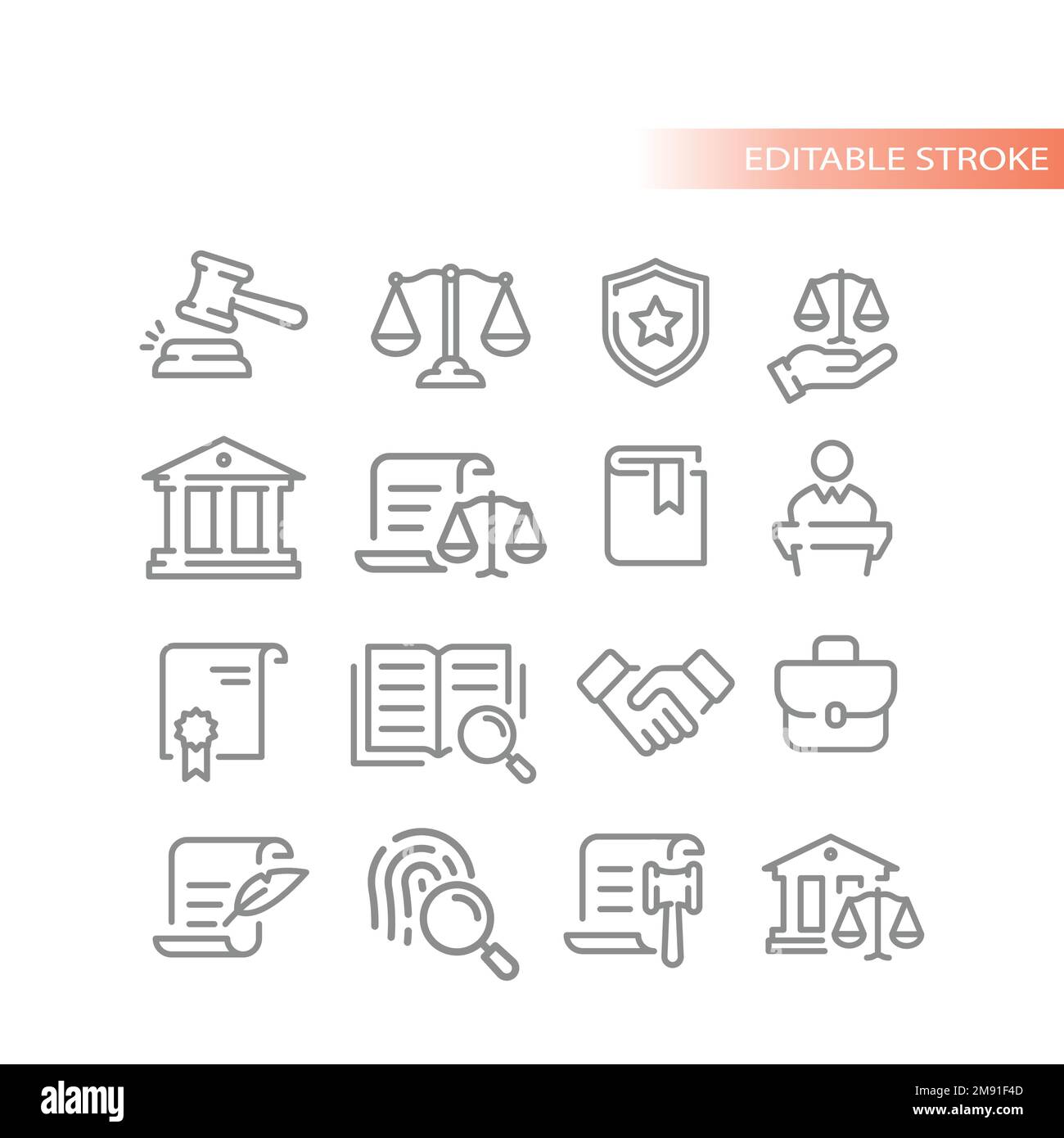 Set di icone di linee vettoriali per legge, legge e giustizia. Tribunale, Corte di diritto, scala icone delineate. Illustrazione Vettoriale