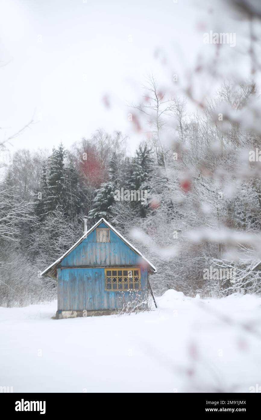 panorama invernale paesaggio con casa in legno nella foresta. Capanna coperta di neve. Vacanza di Natale e vacanza invernale concetto Foto Stock