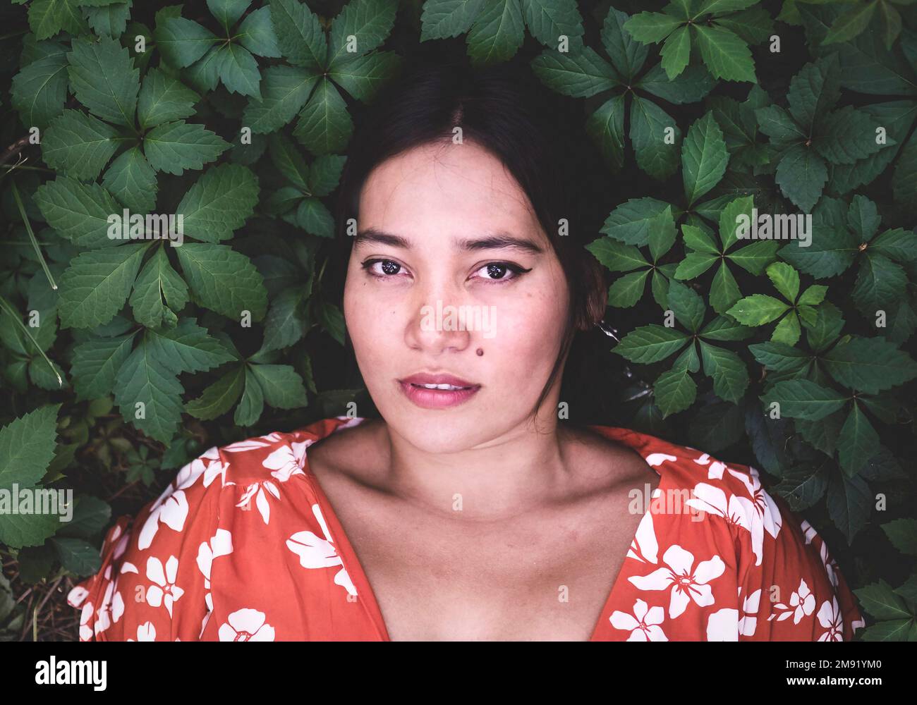 Ritratto di una bella giovane donna asiatica sdraiata sull'erba. Foto Stock