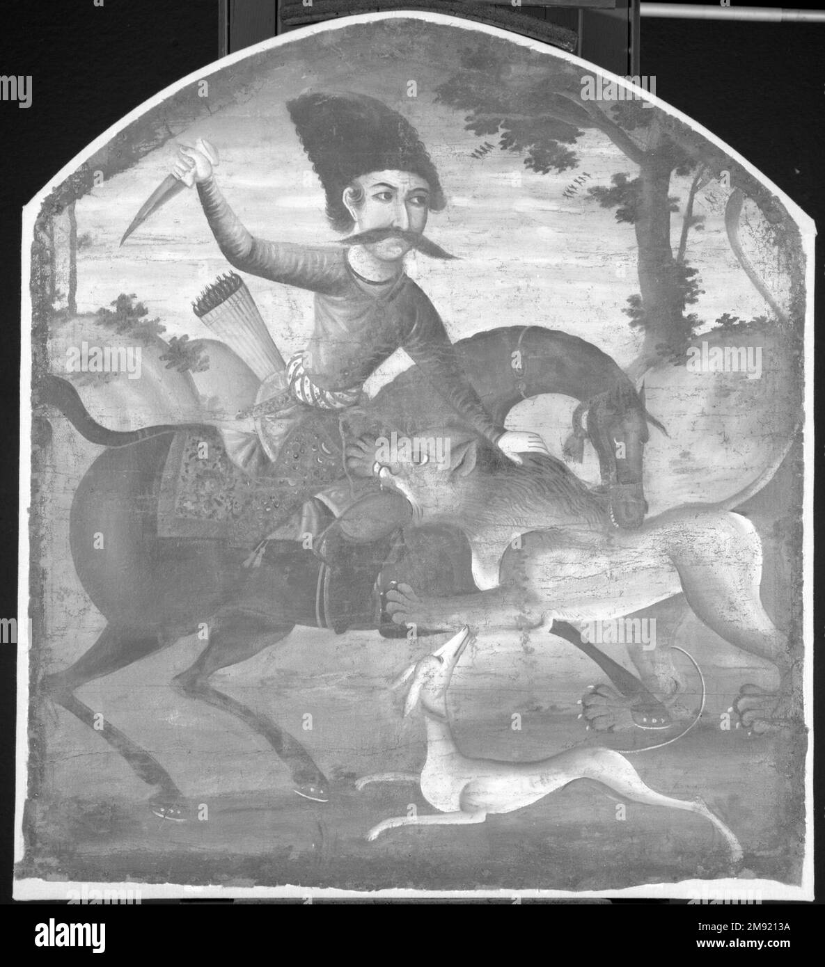 Hunter on Horseback attaccato da un Lion Hunter on Horseback attaccato da un Leone, metà del 18th ° secolo. Olio su tela, 37 1/2 x 34 poll. (95,3 x 86,4 cm). I dipinti lirici di questo ciclo poetico raffigurano storie d'amore tratte dalle classiche opere di celebri poeti iraniani, episodi biblici e coranici e vignette da caccia. Collettivamente, sono documenti preziosi dei formati architettonici originali e dei programmi narrativi degli interni domestici del XVIII secolo. La ricostruzione seguente illustra come questo ciclo di pittura sarebbe stato visualizzato nel suo contesto originale, che sarebbe stato Foto Stock