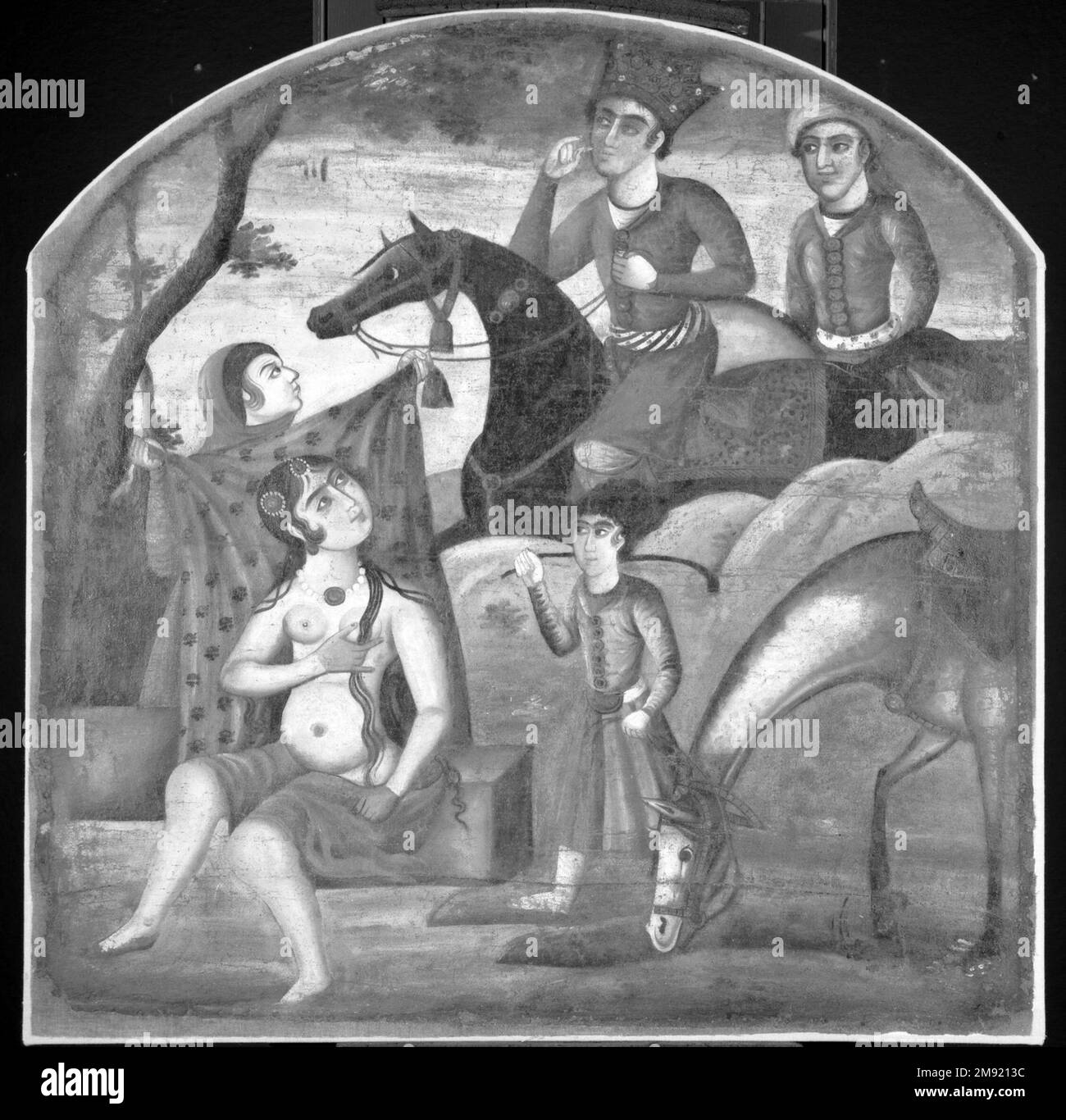 Khusraw scopre Shirin bagno, dal ciclo pittorico di otto soggetti poetici Khusraw scopre Shirin bagno, dal ciclo pittorico di otto soggetti poetici, metà del 18th ° secolo. Olio su tela, 36 x 35 poll. (91,4 x 88,9 cm). Questa immagine cattura il momento culminante della passione per l'amore tra il leggendario re iraniano Khusraw II (dinastia Sasaniana, 590–628) e Shirin, una principessa armena. Dopo giorni di anelito, Khusraw incontra per la prima volta Shirin mentre si bagna in uno stagno. Affascinati dalla bellezza degli altri, gli amanti restano senza parole. Anche se radicato in orale Foto Stock