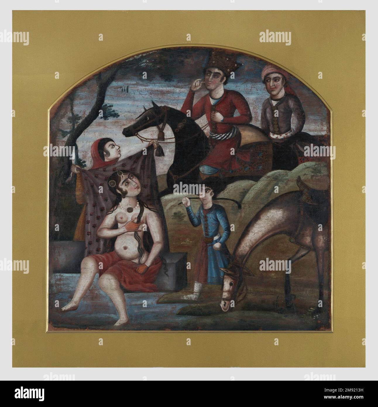 Khusraw scopre Shirin bagno, dal ciclo pittorico di otto soggetti poetici Khusraw scopre Shirin bagno, dal ciclo pittorico di otto soggetti poetici, metà del 18th ° secolo. Olio su tela, 36 x 35 poll. (91,4 x 88,9 cm). Questa immagine cattura il momento culminante della passione per l'amore tra il leggendario re iraniano Khusraw II (dinastia Sasaniana, 590–628) e Shirin, una principessa armena. Dopo giorni di anelito, Khusraw incontra per la prima volta Shirin mentre si bagna in uno stagno. Affascinati dalla bellezza degli altri, gli amanti restano senza parole. Anche se radicato in orale Foto Stock