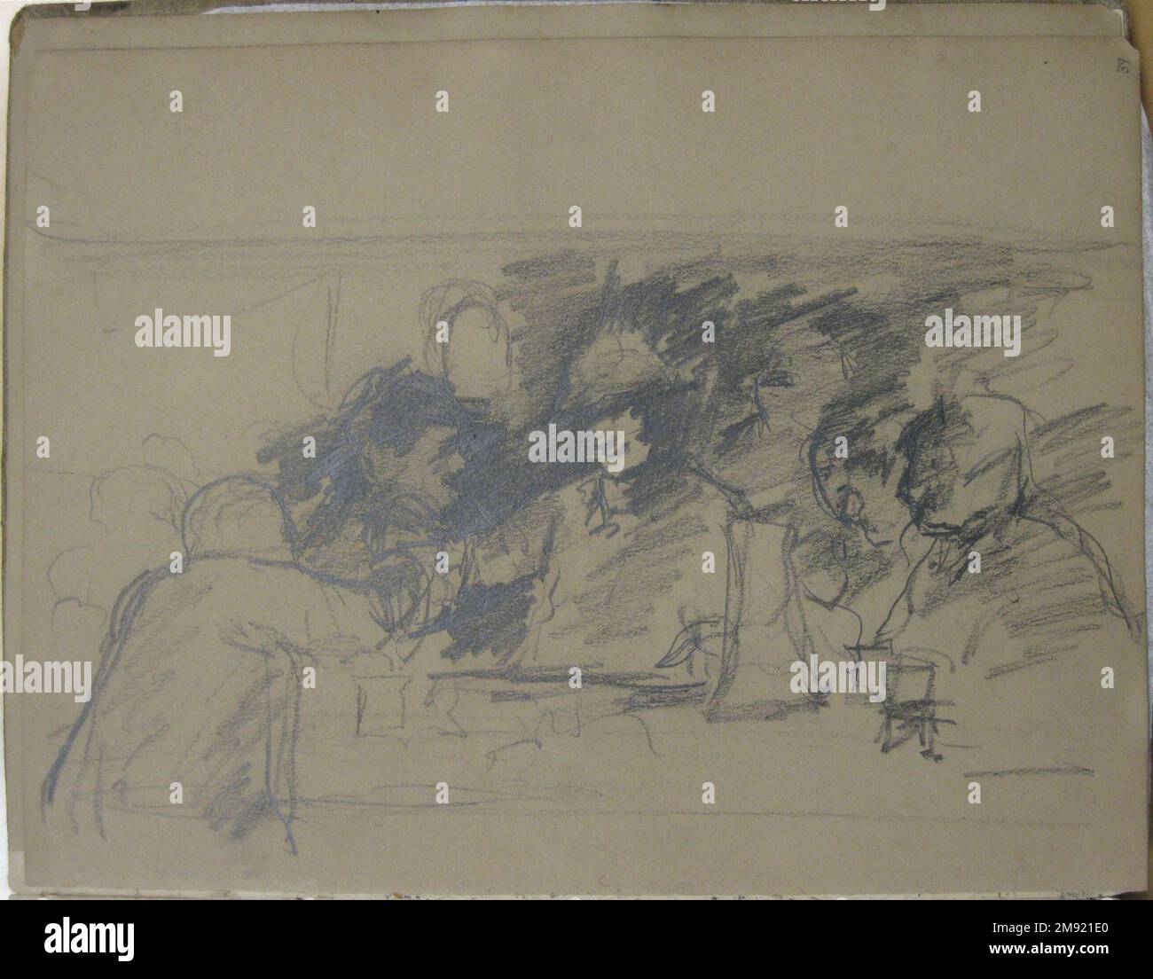 Sketchbook William Merritt Chase (americano, 1849-1916). Schedario, 1872. Grafite e pastello bianco, rosso e nero Conté su carta color crema e marrone chiaro di peso medio, leggermente ruvida, 11 7/8 x 9 7/16 x 11/16 pollici (30,2 x 24 x 1,7 cm). L’abilità di William Merritt Chase per una caratterizzazione realistica è evidente in questi ritratti informali eseguiti in modo sfacciato, che potrebbero rappresentare i suoi colleghi studenti alla Royal Academy di Monaco. Questo libro di schizzo contiene numerosi altri ritratti, nonché studi di figure di una classe di vita, con rendering con approcci diversi: Lo stile lineare visto qui e un più morbido, ton Foto Stock