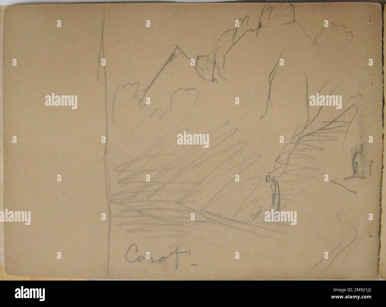 Sketchbook, Conway, New Hampshire David Johnson (americano, 1827-1908). Sketchbook, Conway, New Hampshire, luglio-ottobre 1851. Grafite, gesso e acquerello opaco su carta di peso medio, beige, wove, schedario, schedario: 4 7/8 x 6 3/4 x 5/16 pollici (12,4 x 17,1 x 0,8 cm). Pittore paesaggista che si dedicò all'attento studio della natura, Johnson viaggiò per tutto il nord-est raccogliendo schizzi che avrebbe poi usato per creare dipinti molto dettagliati nel suo studio. Alcuni dei suoi ritrovamenti includevano le montagne Catskill e Adirondack a New York e le White Mountains a New Hampshir Foto Stock