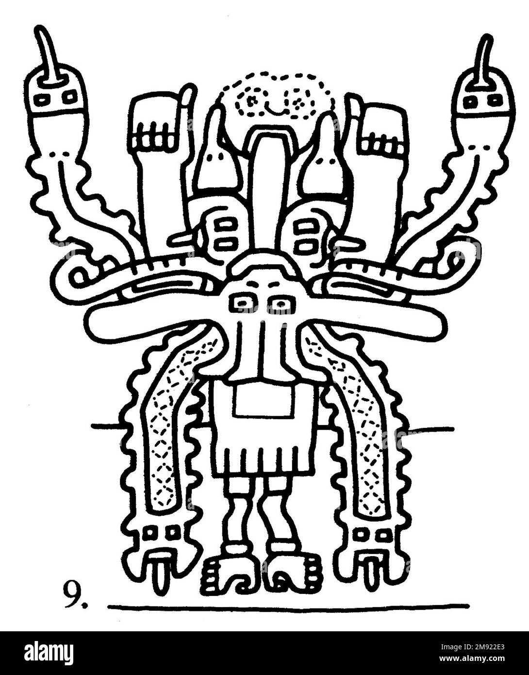 Manto ('il tessuto Paracas') Nasca. Mantella ('The Paracas Textile'), 100-300 C.E. Cotone, fibra camelide, 24 5/8 x 58 11/16 poll. (62,5 x 149 cm). Questo mantello, o mantello, straordinariamente complesso, è uno dei tessuti andini più rinomati al mondo. Era molto probabilmente usato come oggetto cerimoniale. Le novanta figure che decorano il confine, create dalla lavorazione ad aghi, sono state interpretate come un microcosmo di vita sulla costa meridionale del Perù duemila anni fa, con particolare attenzione all’agricoltura. Molte delle immagini illustrano la flora e la fauna autoctone e le piante coltivate. Figure in costume Foto Stock