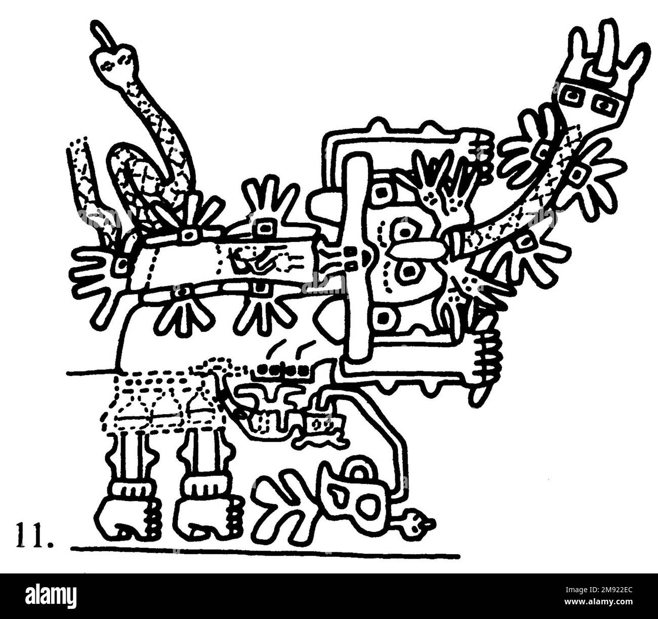 Manto ('il tessuto Paracas') Nasca. Mantella ('The Paracas Textile'), 100-300 C.E. Cotone, fibra camelide, 24 5/8 x 58 11/16 poll. (62,5 x 149 cm). Questo mantello, o mantello, straordinariamente complesso, è uno dei tessuti andini più rinomati al mondo. Era molto probabilmente usato come oggetto cerimoniale. Le novanta figure che decorano il confine, create dalla lavorazione ad aghi, sono state interpretate come un microcosmo di vita sulla costa meridionale del Perù duemila anni fa, con particolare attenzione all’agricoltura. Molte delle immagini illustrano la flora e la fauna autoctone e le piante coltivate. Figure in costume Foto Stock