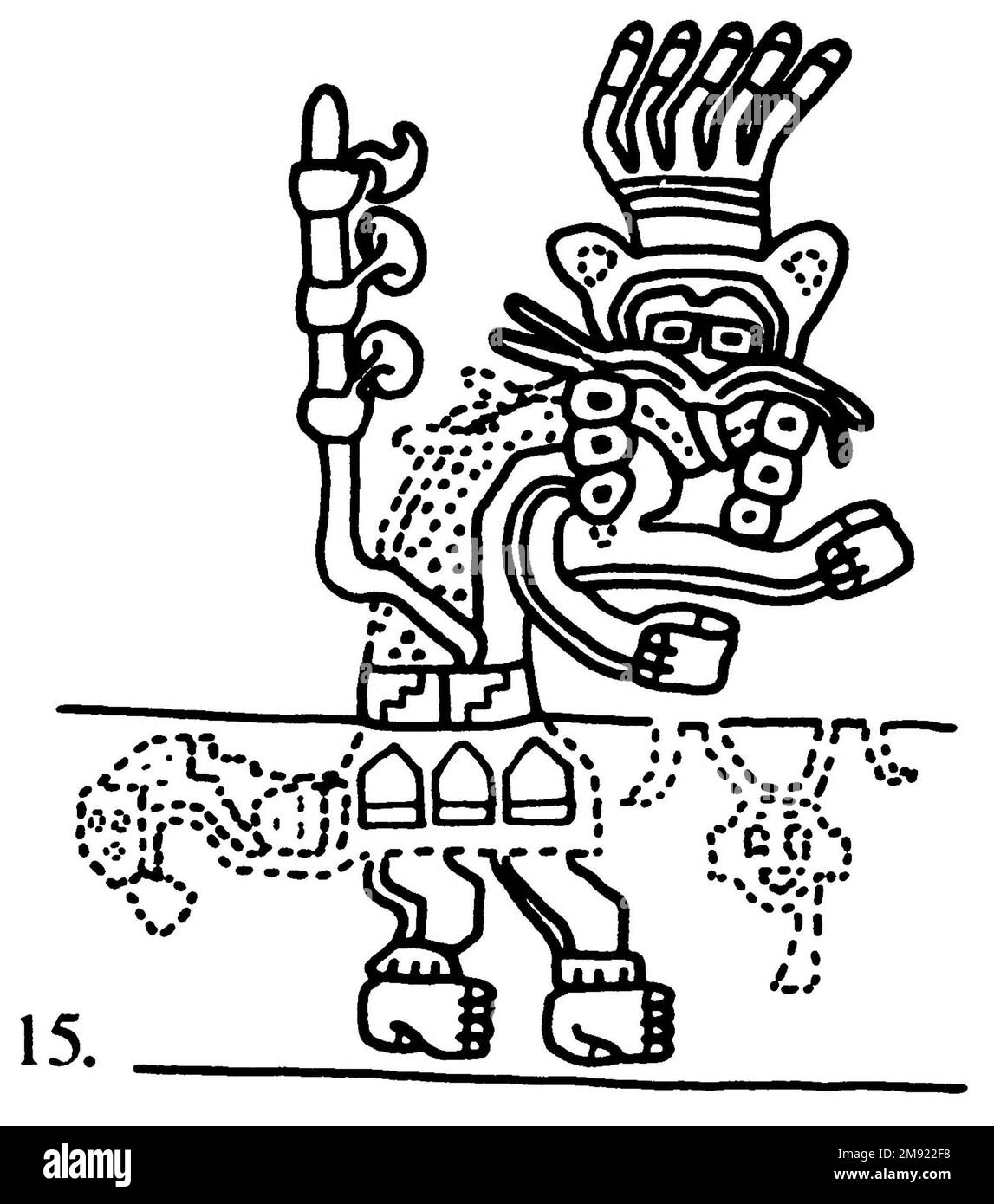 Manto ('il tessuto Paracas') Nasca. Mantella ('The Paracas Textile'), 100-300 C.E. Cotone, fibra camelide, 24 5/8 x 58 11/16 poll. (62,5 x 149 cm). Questo mantello, o mantello, straordinariamente complesso, è uno dei tessuti andini più rinomati al mondo. Era molto probabilmente usato come oggetto cerimoniale. Le novanta figure che decorano il confine, create dalla lavorazione ad aghi, sono state interpretate come un microcosmo di vita sulla costa meridionale del Perù duemila anni fa, con particolare attenzione all’agricoltura. Molte delle immagini illustrano la flora e la fauna autoctone e le piante coltivate. Figure in costume Foto Stock