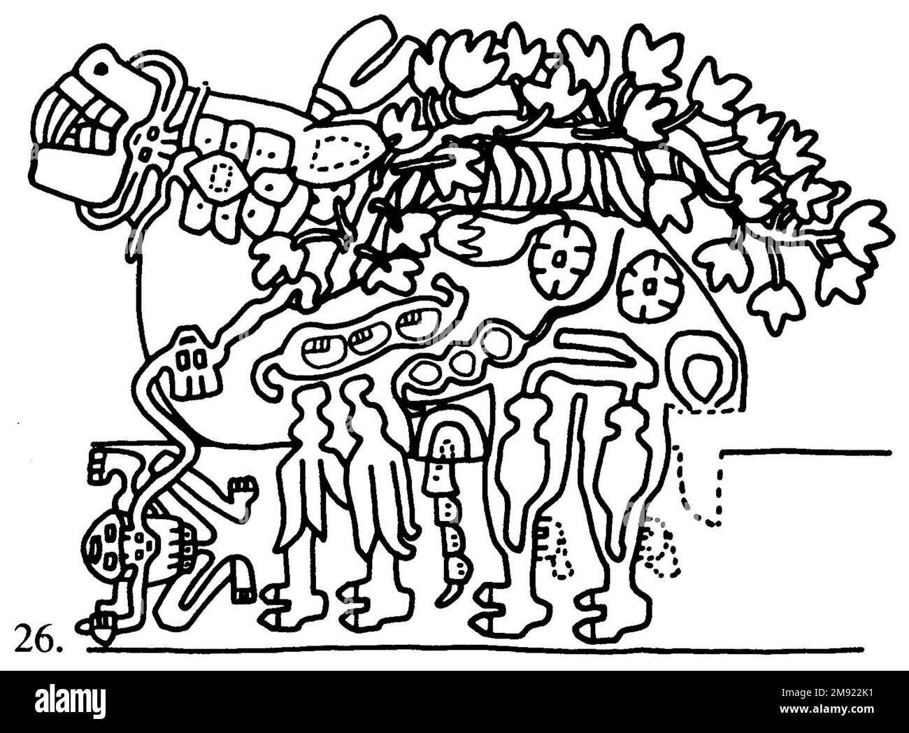 Manto ('il tessuto Paracas') Nasca. Mantella ('The Paracas Textile'), 100-300 C.E. Cotone, fibra camelide, 24 5/8 x 58 11/16 poll. (62,5 x 149 cm). Questo mantello, o mantello, straordinariamente complesso, è uno dei tessuti andini più rinomati al mondo. Era molto probabilmente usato come oggetto cerimoniale. Le novanta figure che decorano il confine, create dalla lavorazione ad aghi, sono state interpretate come un microcosmo di vita sulla costa meridionale del Perù duemila anni fa, con particolare attenzione all’agricoltura. Molte delle immagini illustrano la flora e la fauna autoctone e le piante coltivate. Figure in costume Foto Stock