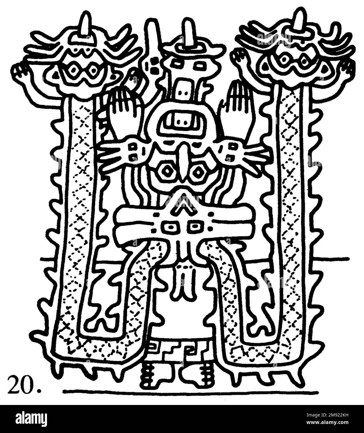 Manto ('il tessuto Paracas') Nasca. Mantella ('The Paracas Textile'), 100-300 C.E. Cotone, fibra camelide, 24 5/8 x 58 11/16 poll. (62,5 x 149 cm). Questo mantello, o mantello, straordinariamente complesso, è uno dei tessuti andini più rinomati al mondo. Era molto probabilmente usato come oggetto cerimoniale. Le novanta figure che decorano il confine, create dalla lavorazione ad aghi, sono state interpretate come un microcosmo di vita sulla costa meridionale del Perù duemila anni fa, con particolare attenzione all’agricoltura. Molte delle immagini illustrano la flora e la fauna autoctone e le piante coltivate. Figure in costume Foto Stock