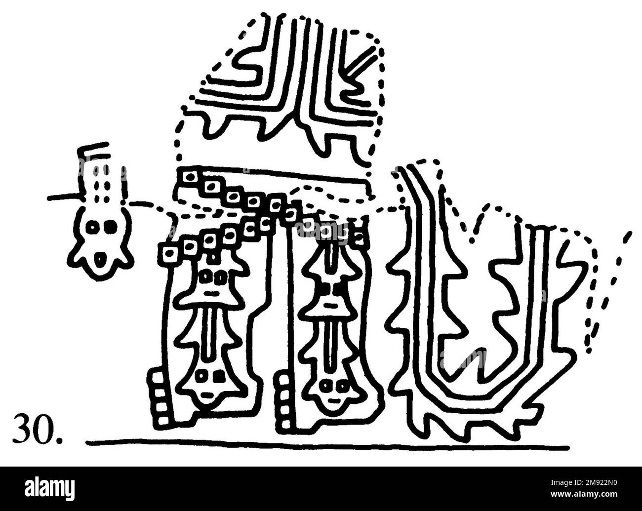 Manto ('il tessuto Paracas') Nasca. Mantella ('The Paracas Textile'), 100-300 C.E. Cotone, fibra camelide, 24 5/8 x 58 11/16 poll. (62,5 x 149 cm). Questo mantello, o mantello, straordinariamente complesso, è uno dei tessuti andini più rinomati al mondo. Era molto probabilmente usato come oggetto cerimoniale. Le novanta figure che decorano il confine, create dalla lavorazione ad aghi, sono state interpretate come un microcosmo di vita sulla costa meridionale del Perù duemila anni fa, con particolare attenzione all’agricoltura. Molte delle immagini illustrano la flora e la fauna autoctone e le piante coltivate. Figure in costume Foto Stock