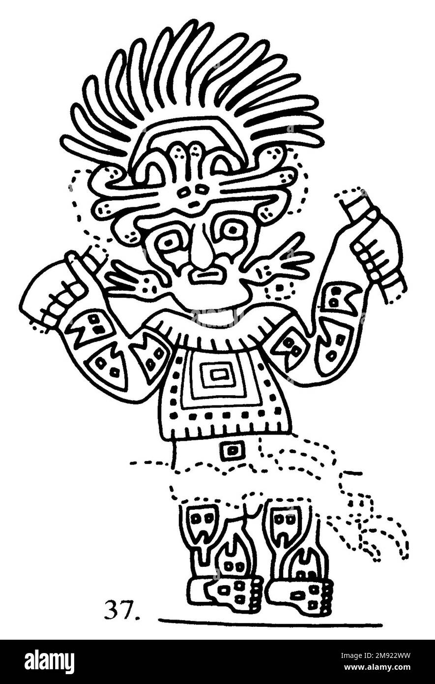 Manto ('il tessuto Paracas') Nasca. Mantella ('The Paracas Textile'), 100-300 C.E. Cotone, fibra camelide, 24 5/8 x 58 11/16 poll. (62,5 x 149 cm). Questo mantello, o mantello, straordinariamente complesso, è uno dei tessuti andini più rinomati al mondo. Era molto probabilmente usato come oggetto cerimoniale. Le novanta figure che decorano il confine, create dalla lavorazione ad aghi, sono state interpretate come un microcosmo di vita sulla costa meridionale del Perù duemila anni fa, con particolare attenzione all’agricoltura. Molte delle immagini illustrano la flora e la fauna autoctone e le piante coltivate. Figure in costume Foto Stock