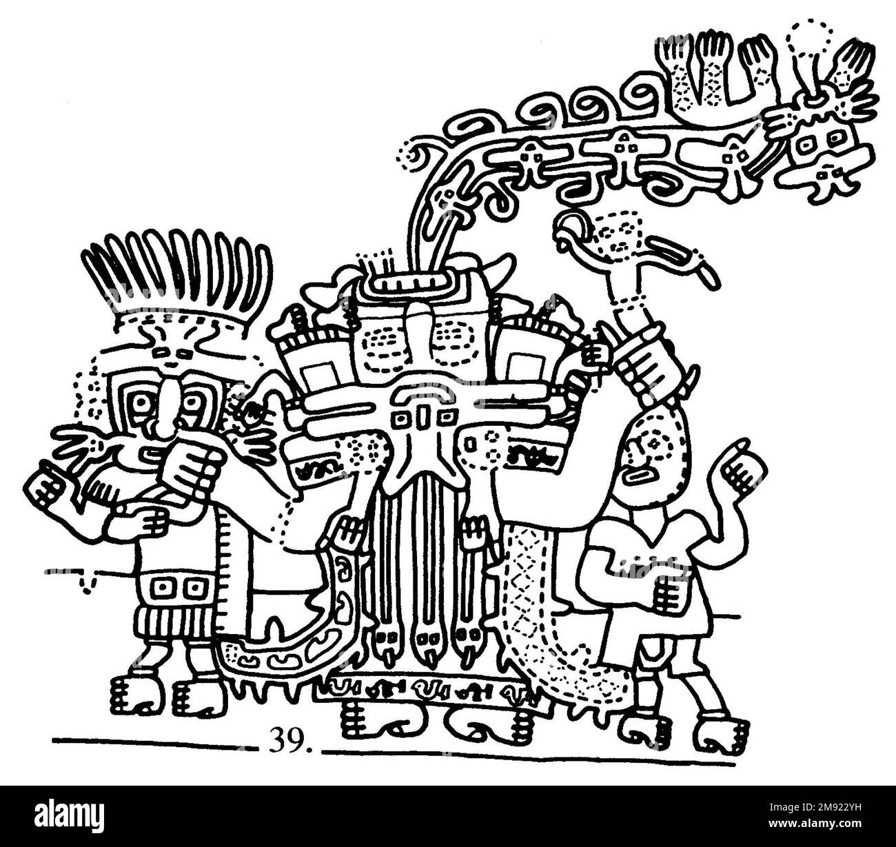 Manto ('il tessuto Paracas') Nasca. Mantella ('The Paracas Textile'), 100-300 C.E. Cotone, fibra camelide, 24 5/8 x 58 11/16 poll. (62,5 x 149 cm). Questo mantello, o mantello, straordinariamente complesso, è uno dei tessuti andini più rinomati al mondo. Era molto probabilmente usato come oggetto cerimoniale. Le novanta figure che decorano il confine, create dalla lavorazione ad aghi, sono state interpretate come un microcosmo di vita sulla costa meridionale del Perù duemila anni fa, con particolare attenzione all’agricoltura. Molte delle immagini illustrano la flora e la fauna autoctone e le piante coltivate. Figure in costume Foto Stock