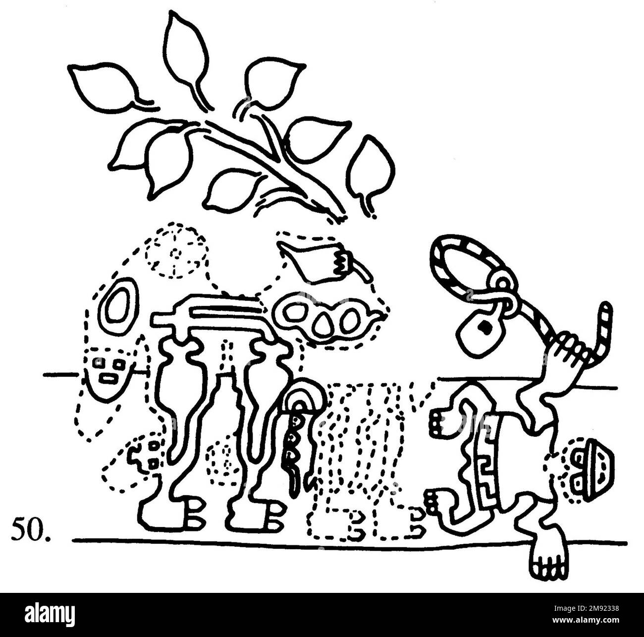 Manto ('il tessuto Paracas') Nasca. Mantella ('The Paracas Textile'), 100-300 C.E. Cotone, fibra camelide, 24 5/8 x 58 11/16 poll. (62,5 x 149 cm). Questo mantello, o mantello, straordinariamente complesso, è uno dei tessuti andini più rinomati al mondo. Era molto probabilmente usato come oggetto cerimoniale. Le novanta figure che decorano il confine, create dalla lavorazione ad aghi, sono state interpretate come un microcosmo di vita sulla costa meridionale del Perù duemila anni fa, con particolare attenzione all’agricoltura. Molte delle immagini illustrano la flora e la fauna autoctone e le piante coltivate. Figure in costume Foto Stock