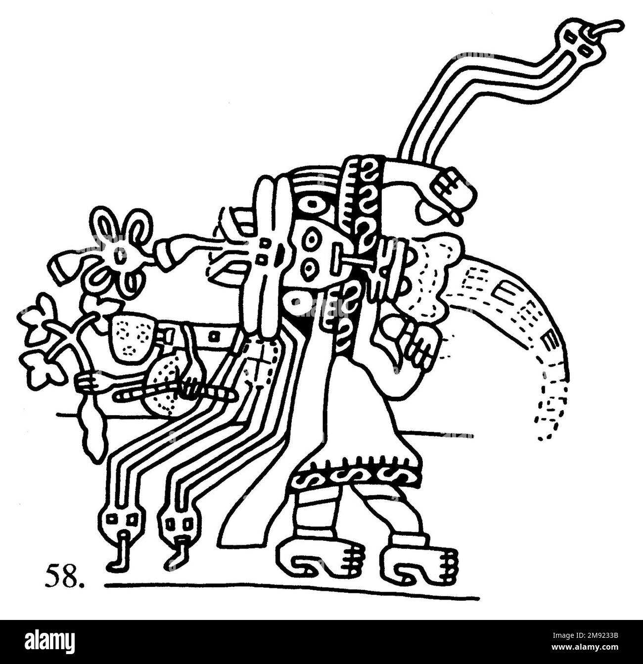 Manto ('il tessuto Paracas') Nasca. Mantella ('The Paracas Textile'), 100-300 C.E. Cotone, fibra camelide, 24 5/8 x 58 11/16 poll. (62,5 x 149 cm). Questo mantello, o mantello, straordinariamente complesso, è uno dei tessuti andini più rinomati al mondo. Era molto probabilmente usato come oggetto cerimoniale. Le novanta figure che decorano il confine, create dalla lavorazione ad aghi, sono state interpretate come un microcosmo di vita sulla costa meridionale del Perù duemila anni fa, con particolare attenzione all’agricoltura. Molte delle immagini illustrano la flora e la fauna autoctone e le piante coltivate. Figure in costume Foto Stock