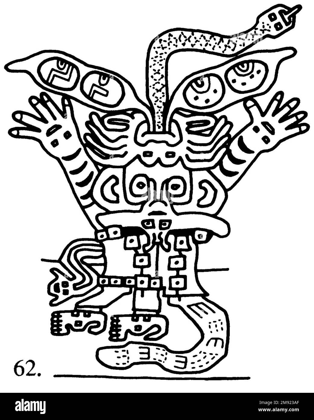 Manto ('il tessuto Paracas') Nasca. Mantella ('The Paracas Textile'), 100-300 C.E. Cotone, fibra camelide, 24 5/8 x 58 11/16 poll. (62,5 x 149 cm). Questo mantello, o mantello, straordinariamente complesso, è uno dei tessuti andini più rinomati al mondo. Era molto probabilmente usato come oggetto cerimoniale. Le novanta figure che decorano il confine, create dalla lavorazione ad aghi, sono state interpretate come un microcosmo di vita sulla costa meridionale del Perù duemila anni fa, con particolare attenzione all’agricoltura. Molte delle immagini illustrano la flora e la fauna autoctone e le piante coltivate. Figure in costume Foto Stock