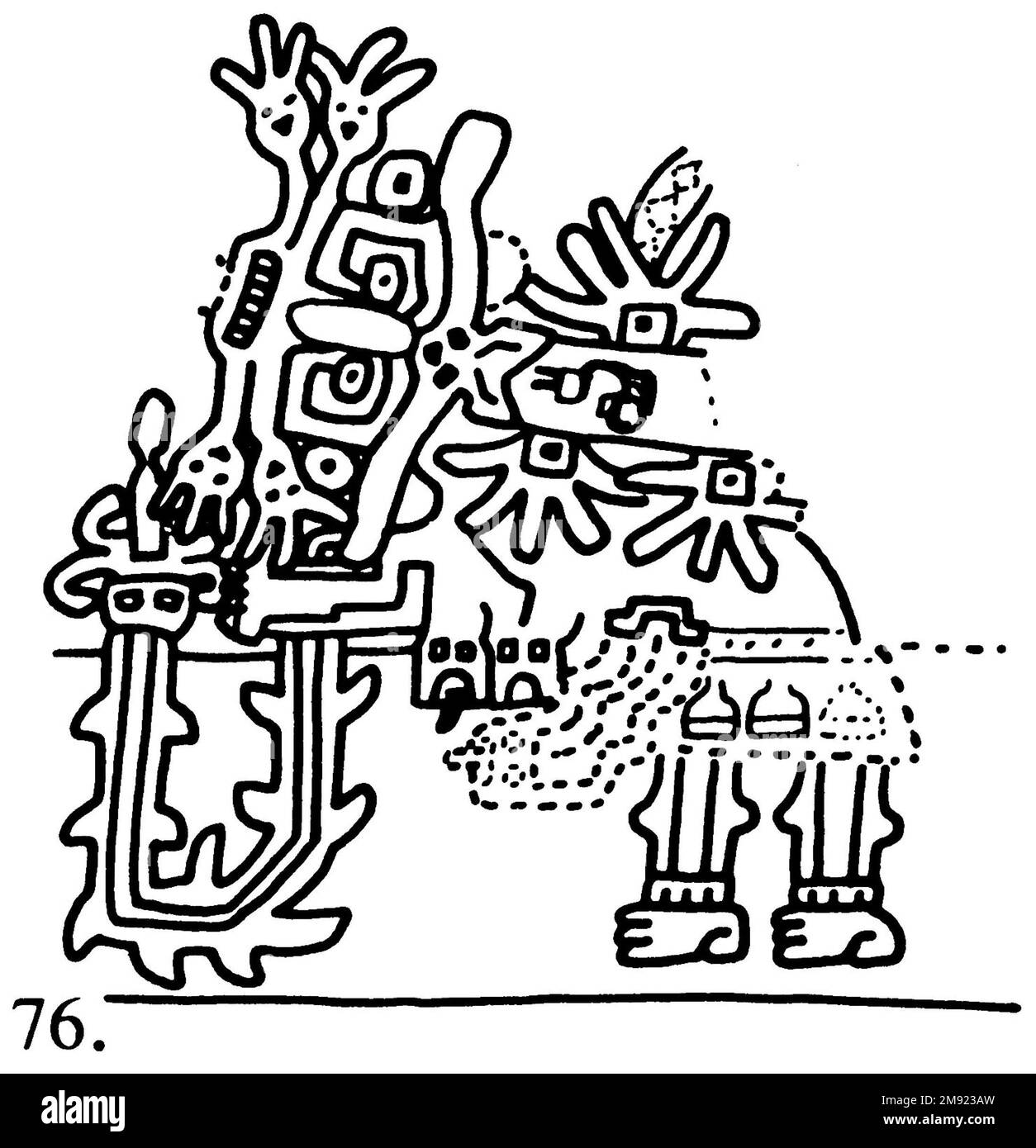 Manto ('il tessuto Paracas') Nasca. Mantella ('The Paracas Textile'), 100-300 C.E. Cotone, fibra camelide, 24 5/8 x 58 11/16 poll. (62,5 x 149 cm). Questo mantello, o mantello, straordinariamente complesso, è uno dei tessuti andini più rinomati al mondo. Era molto probabilmente usato come oggetto cerimoniale. Le novanta figure che decorano il confine, create dalla lavorazione ad aghi, sono state interpretate come un microcosmo di vita sulla costa meridionale del Perù duemila anni fa, con particolare attenzione all’agricoltura. Molte delle immagini illustrano la flora e la fauna autoctone e le piante coltivate. Figure in costume Foto Stock