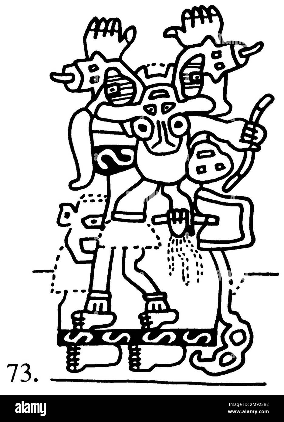 Manto ('il tessuto Paracas') Nasca. Mantella ('The Paracas Textile'), 100-300 C.E. Cotone, fibra camelide, 24 5/8 x 58 11/16 poll. (62,5 x 149 cm). Questo mantello, o mantello, straordinariamente complesso, è uno dei tessuti andini più rinomati al mondo. Era molto probabilmente usato come oggetto cerimoniale. Le novanta figure che decorano il confine, create dalla lavorazione ad aghi, sono state interpretate come un microcosmo di vita sulla costa meridionale del Perù duemila anni fa, con particolare attenzione all’agricoltura. Molte delle immagini illustrano la flora e la fauna autoctone e le piante coltivate. Figure in costume Foto Stock