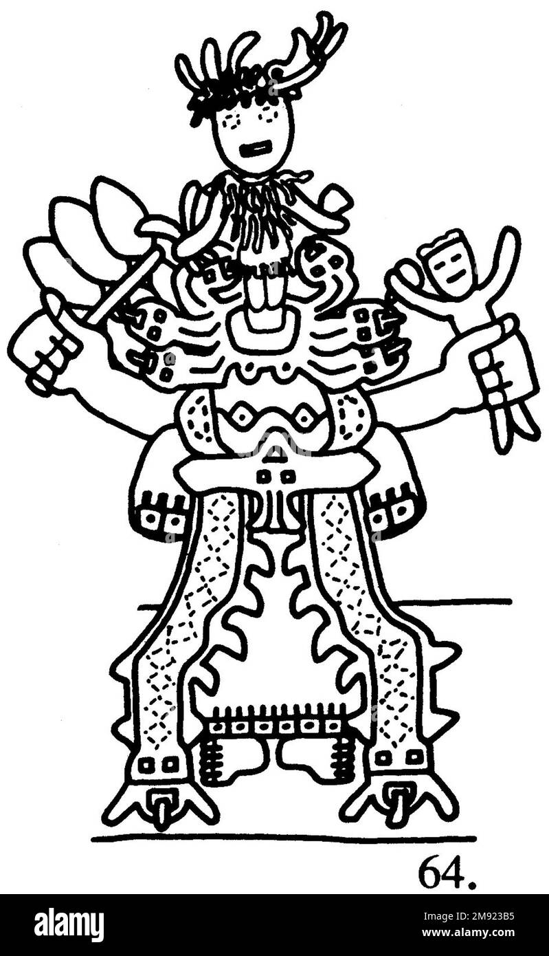 Manto ('il tessuto Paracas') Nasca. Mantella ('The Paracas Textile'), 100-300 C.E. Cotone, fibra camelide, 24 5/8 x 58 11/16 poll. (62,5 x 149 cm). Questo mantello, o mantello, straordinariamente complesso, è uno dei tessuti andini più rinomati al mondo. Era molto probabilmente usato come oggetto cerimoniale. Le novanta figure che decorano il confine, create dalla lavorazione ad aghi, sono state interpretate come un microcosmo di vita sulla costa meridionale del Perù duemila anni fa, con particolare attenzione all’agricoltura. Molte delle immagini illustrano la flora e la fauna autoctone e le piante coltivate. Figure in costume Foto Stock