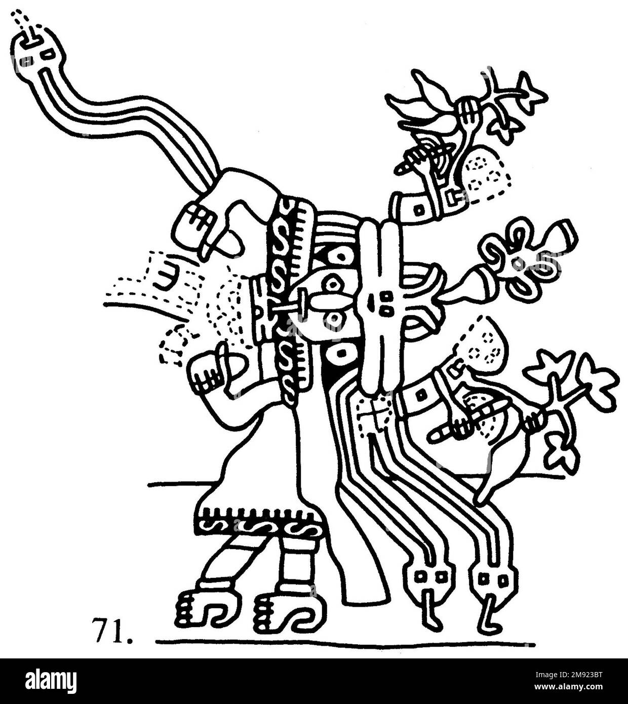 Manto ('il tessuto Paracas') Nasca. Mantella ('The Paracas Textile'), 100-300 C.E. Cotone, fibra camelide, 24 5/8 x 58 11/16 poll. (62,5 x 149 cm). Questo mantello, o mantello, straordinariamente complesso, è uno dei tessuti andini più rinomati al mondo. Era molto probabilmente usato come oggetto cerimoniale. Le novanta figure che decorano il confine, create dalla lavorazione ad aghi, sono state interpretate come un microcosmo di vita sulla costa meridionale del Perù duemila anni fa, con particolare attenzione all’agricoltura. Molte delle immagini illustrano la flora e la fauna autoctone e le piante coltivate. Figure in costume Foto Stock