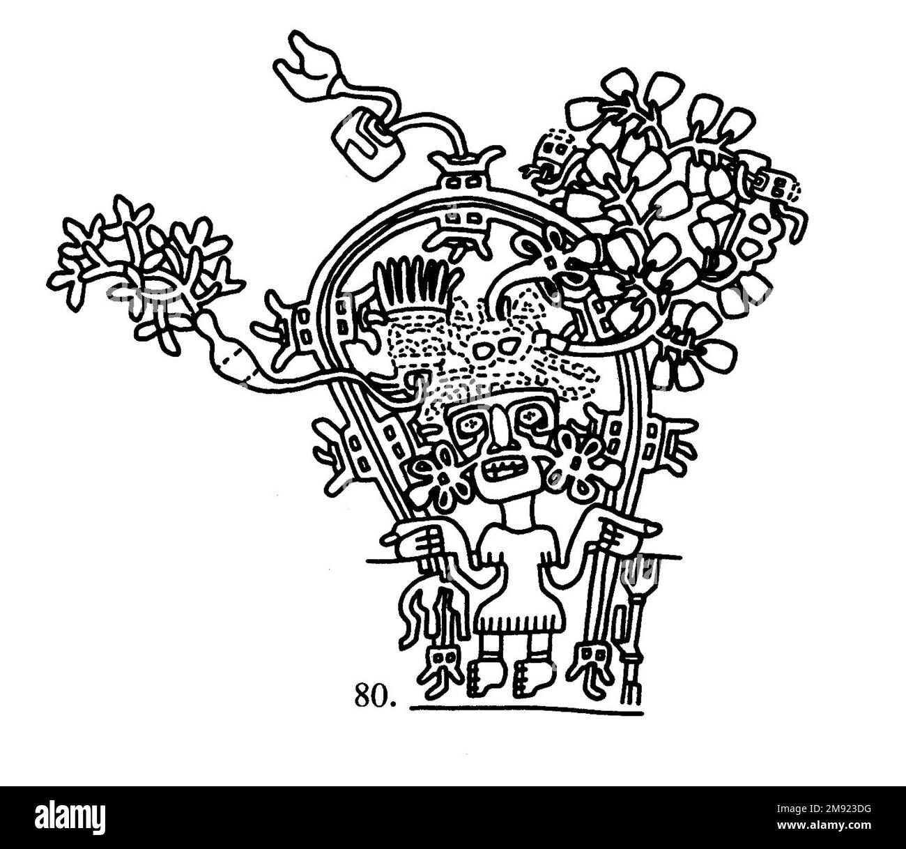 Manto ('il tessuto Paracas') Nasca. Mantella ('The Paracas Textile'), 100-300 C.E. Cotone, fibra camelide, 24 5/8 x 58 11/16 poll. (62,5 x 149 cm). Questo mantello, o mantello, straordinariamente complesso, è uno dei tessuti andini più rinomati al mondo. Era molto probabilmente usato come oggetto cerimoniale. Le novanta figure che decorano il confine, create dalla lavorazione ad aghi, sono state interpretate come un microcosmo di vita sulla costa meridionale del Perù duemila anni fa, con particolare attenzione all’agricoltura. Molte delle immagini illustrano la flora e la fauna autoctone e le piante coltivate. Figure in costume Foto Stock