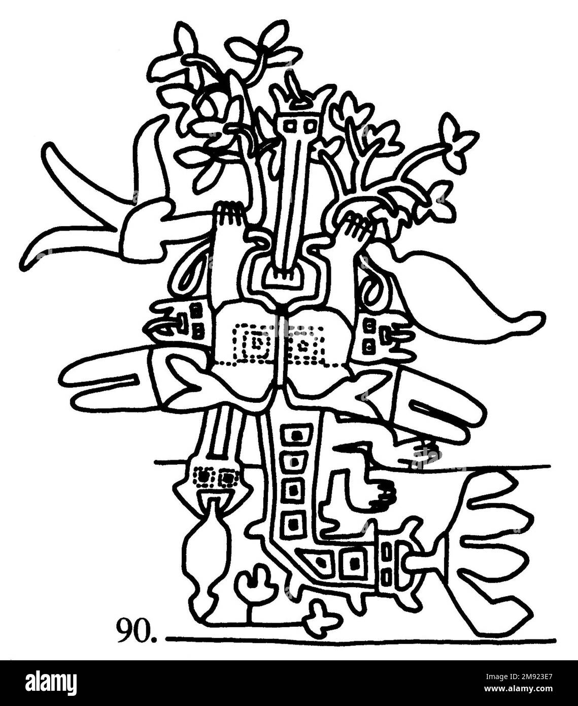 Manto ('il tessuto Paracas') Nasca. Mantella ('The Paracas Textile'), 100-300 C.E. Cotone, fibra camelide, 24 5/8 x 58 11/16 poll. (62,5 x 149 cm). Questo mantello, o mantello, straordinariamente complesso, è uno dei tessuti andini più rinomati al mondo. Era molto probabilmente usato come oggetto cerimoniale. Le novanta figure che decorano il confine, create dalla lavorazione ad aghi, sono state interpretate come un microcosmo di vita sulla costa meridionale del Perù duemila anni fa, con particolare attenzione all’agricoltura. Molte delle immagini illustrano la flora e la fauna autoctone e le piante coltivate. Figure in costume Foto Stock