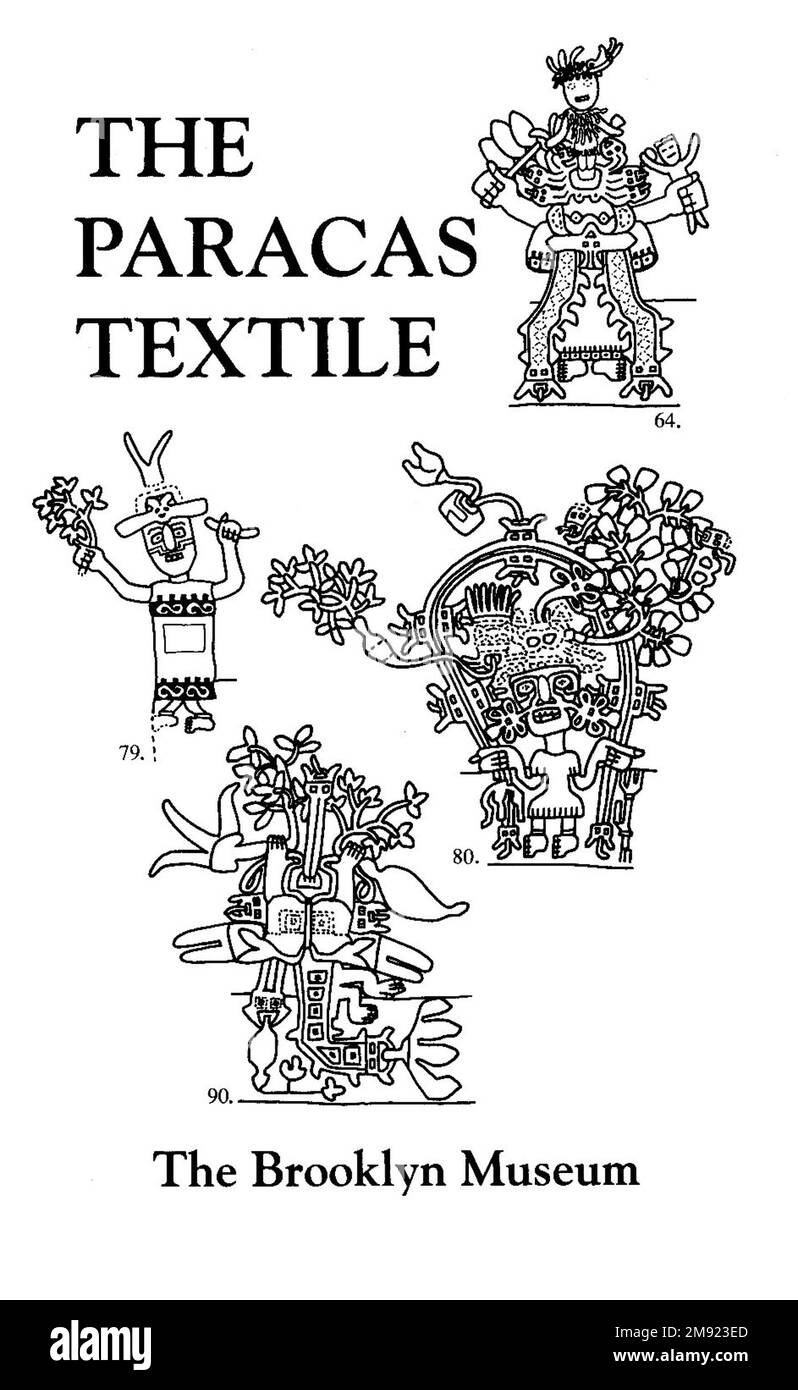 Manto ('il tessuto Paracas') Nasca. Mantella ('The Paracas Textile'), 100-300 C.E. Cotone, fibra camelide, 24 5/8 x 58 11/16 poll. (62,5 x 149 cm). Questo mantello, o mantello, straordinariamente complesso, è uno dei tessuti andini più rinomati al mondo. Era molto probabilmente usato come oggetto cerimoniale. Le novanta figure che decorano il confine, create dalla lavorazione ad aghi, sono state interpretate come un microcosmo di vita sulla costa meridionale del Perù duemila anni fa, con particolare attenzione all’agricoltura. Molte delle immagini illustrano la flora e la fauna autoctone e le piante coltivate. Figure in costume Foto Stock