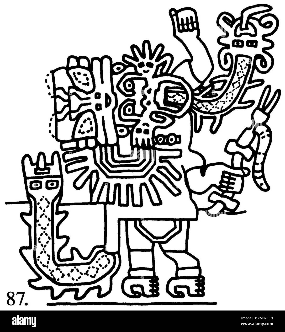 Manto ('il tessuto Paracas') Nasca. Mantella ('The Paracas Textile'), 100-300 C.E. Cotone, fibra camelide, 24 5/8 x 58 11/16 poll. (62,5 x 149 cm). Questo mantello, o mantello, straordinariamente complesso, è uno dei tessuti andini più rinomati al mondo. Era molto probabilmente usato come oggetto cerimoniale. Le novanta figure che decorano il confine, create dalla lavorazione ad aghi, sono state interpretate come un microcosmo di vita sulla costa meridionale del Perù duemila anni fa, con particolare attenzione all’agricoltura. Molte delle immagini illustrano la flora e la fauna autoctone e le piante coltivate. Figure in costume Foto Stock