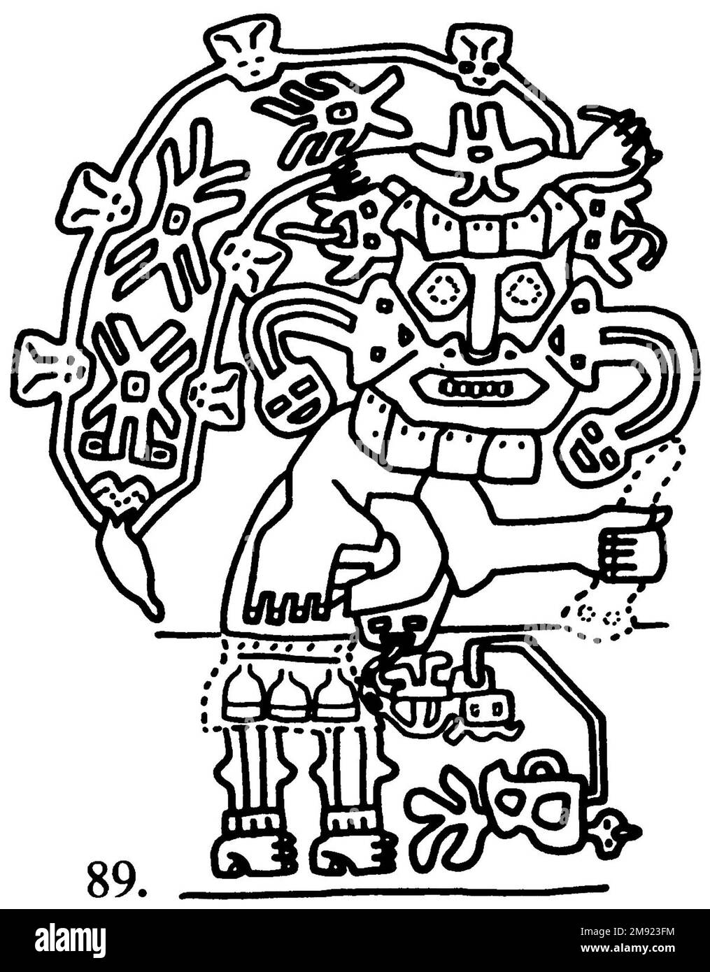 Manto ('il tessuto Paracas') Nasca. Mantella ('The Paracas Textile'), 100-300 C.E. Cotone, fibra camelide, 24 5/8 x 58 11/16 poll. (62,5 x 149 cm). Questo mantello, o mantello, straordinariamente complesso, è uno dei tessuti andini più rinomati al mondo. Era molto probabilmente usato come oggetto cerimoniale. Le novanta figure che decorano il confine, create dalla lavorazione ad aghi, sono state interpretate come un microcosmo di vita sulla costa meridionale del Perù duemila anni fa, con particolare attenzione all’agricoltura. Molte delle immagini illustrano la flora e la fauna autoctone e le piante coltivate. Figure in costume Foto Stock