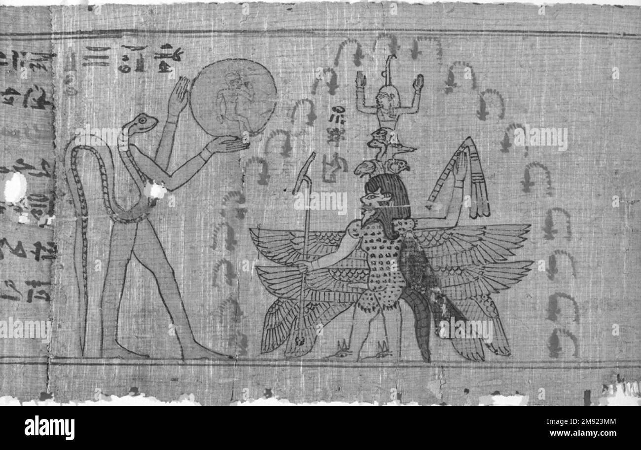 Scena da un Papiro Magico scena da un Papiro Magico, 664-525 B.C.E. Papiro, inchiostro, totale: 4 15/16 x 92 11/16 pollici (12,5 x 235,5 cm). La creatura alata in piedi qui vista è conosciuta come la figura di Bes a testa nuda, un protettore divino della nascita del re e del sole. Questa forma di Bes era strettamente associata alla parte serale e notturna del ciclo solare. Ha così svolto un ruolo importante anche come custode delle donne e dei bambini che dormono, in particolare contro i pericoli della notte, rappresentati qui dalle creature nocive contenute nell'ovale su cui si trova. Il firebra Foto Stock