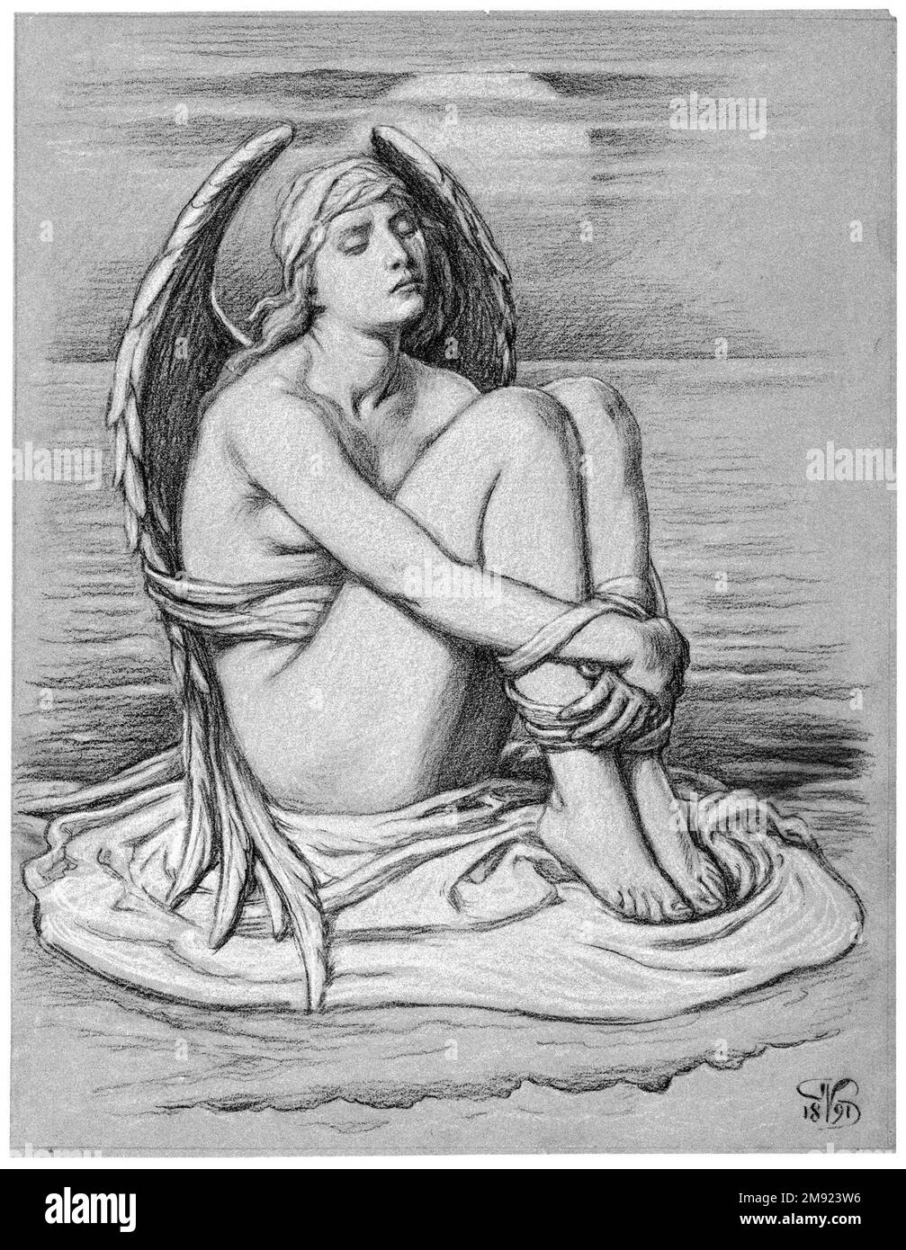 Bound Angel Elihu Vedder (americano, 1836-1923). Angelo Bound, 1891. Gesso bianco e pastello bianco Conté nero su carta verde bluastro, di spessore moderato, leggermente ruvida, foglio: 11 1/2 x 8 7/8 poll. (29,2 x 22,5 cm). Questo studio preparatorio altamente finito per un dipinto raffigura una personificazione dell'anima umana in conflitto come un angelo femminile con mani e piedi legati. Anche se Elihu Vedder rese il corpo idealizzato della figura come feticizzato e immobile, suggerì una vita spirituale attiva attraverso il suo atteggiamento di contemplazione, con la testa inclinata indietro, gli occhi chiusi e la fronte leggermente solcata. Limite A. Foto Stock