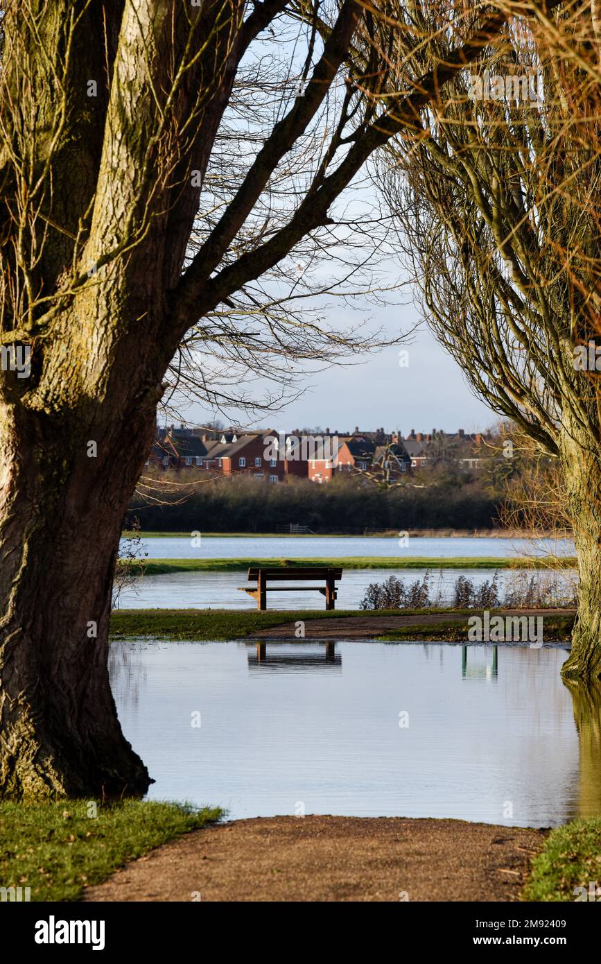 Allagare l'acqua in un parco pubblico dopo che le rive del fiume scoppiarono a causa di forti piogge Foto Stock