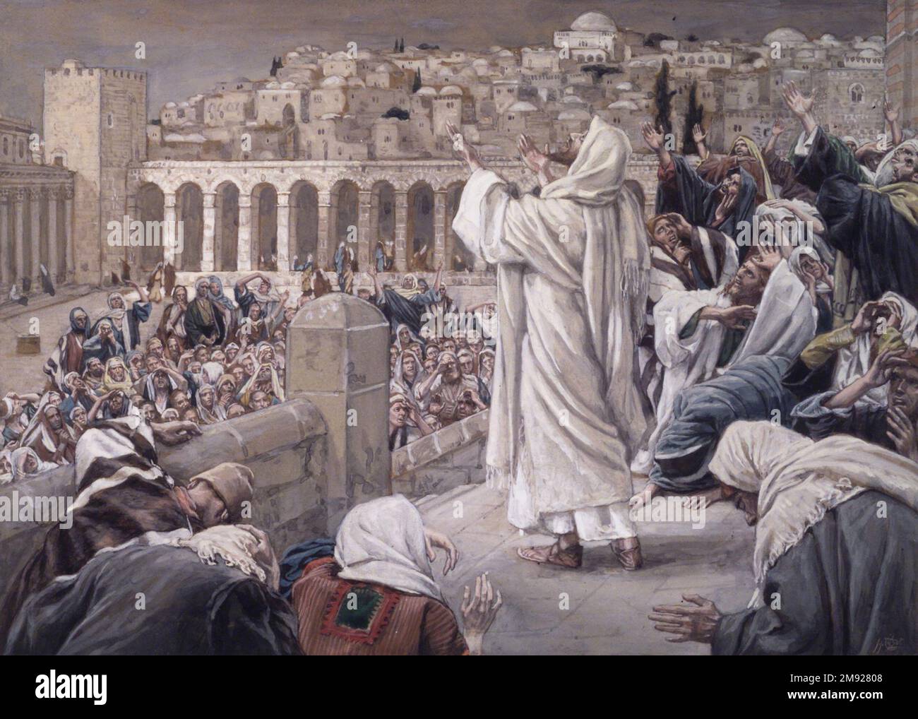 The Voice from on High (la voix d'en haut) James Tissot (francese, 1836-1902). The Voice from on High (la voix d'en haut), 1886-1894. Acquerello opaco su grafite su carta in wove grigia, immagine: 7 7/16 x 10 3/8 pollici (18,9 x 26,4 cm). In piedi su una piattaforma sopraelevata davanti alla Corte dei Gentili fuori dal Tempio, Gesù considera prima di tutto di chiedere a Dio di salvarlo dal suo sacrificio imminente; ma poi, riconoscendo la sua necessità nel disegno divino, glorifica invece il nome di Dio. Il Signore risponde dal cielo: Alcuni nella folla ascoltano tuono, altri la voce di un angelo. Gesù riconosce il suo fo Foto Stock