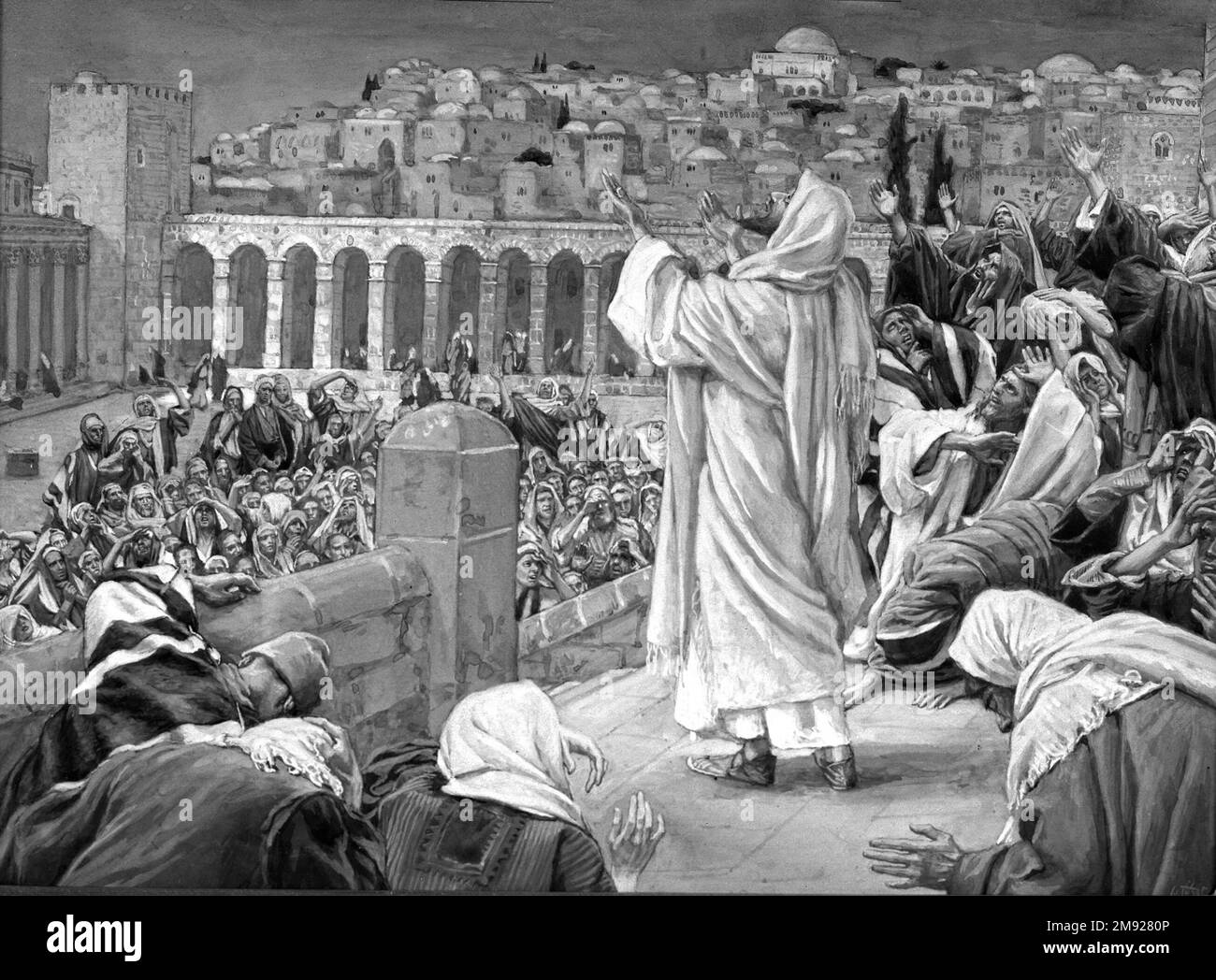 The Voice from on High (la voix d'en haut) James Tissot (francese, 1836-1902). The Voice from on High (la voix d'en haut), 1886-1894. Acquerello opaco su grafite su carta in wove grigia, immagine: 7 7/16 x 10 3/8 pollici (18,9 x 26,4 cm). In piedi su una piattaforma sopraelevata davanti alla Corte dei Gentili fuori dal Tempio, Gesù considera prima di tutto di chiedere a Dio di salvarlo dal suo sacrificio imminente; ma poi, riconoscendo la sua necessità nel disegno divino, glorifica invece il nome di Dio. Il Signore risponde dal cielo: Alcuni nella folla ascoltano tuono, altri la voce di un angelo. Gesù riconosce il suo fo Foto Stock