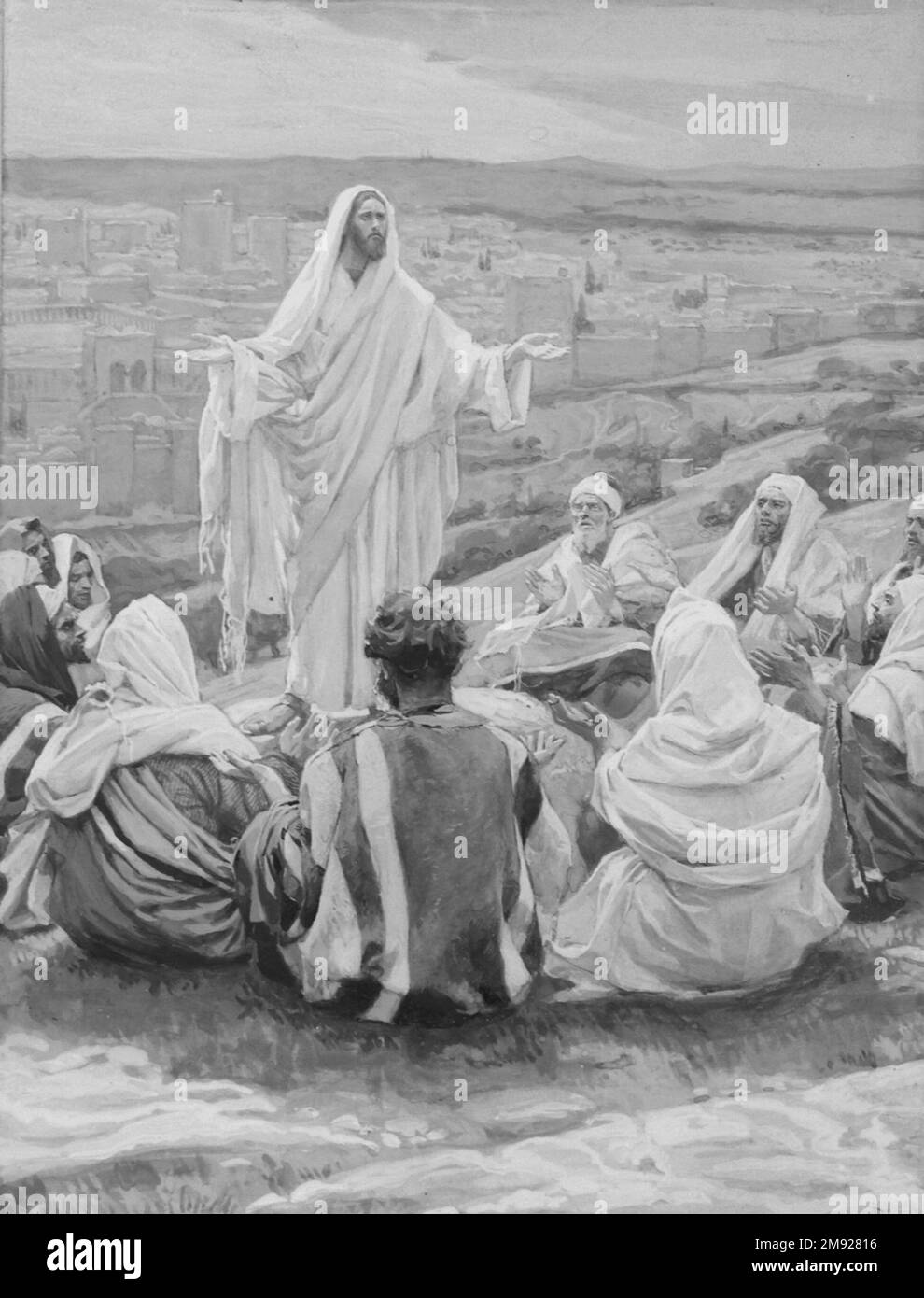 La preghiera del Signore (le 'Pater Noster') James Tissot (francese, 1836-1902). La preghiera del Signore (le 'Pater Noster'), 1886-1896. Acquerello opaco su grafite su carta in wove grigia, immagine: 8 1/2 x 6 7/16 pollici (21,6 x 16,4 cm). Riuniti intorno a Gesù, i discepoli gli chiedono di insegnarli a pregare. Con le braccia spalancate e le mani lodate in un gesto di umiltà, Gesù inizia la sua preghiera con il riconoscimento della potenza di Dio nei cieli e sulla terra. (Tissot pone Gesù tra il cielo colorato e la terra su cui siedono i suoi discepoli, indicando ulteriormente il posto di Gesù tra l’uomo e il divino. Foto Stock