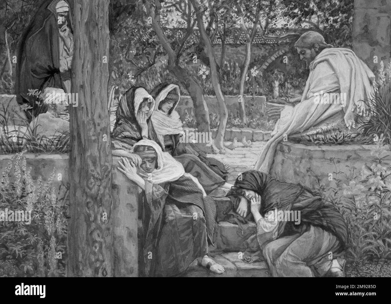 Gesù, Maria Maddalena e Marta a Betania (Jésus à Bethanie, Maria, Madeleine e Marthe) James Tissot (francese, 1836-1902). Gesù, Maria Maddalena e Marta a Betania (Jésus à Bethanie, Maria, Madeleine e Marthe), 1886-1894. Acquerello opaco su grafite su carta in wove grigia, immagine: 7 15/16 x 11 3/16 pollici (20,2 x 28,4 cm). Invitato a Betania, dove risiedono i fratelli Lazzaro e Martha, Gesù trova tregua dal suo ministero e pace per conversare con gli amici. Intenzionata ad ascoltare Gesù, la Maddalena prende un posto ai suoi piedi, molto alla frustrazione di Martha, che si aspetta il suo aiuto Foto Stock