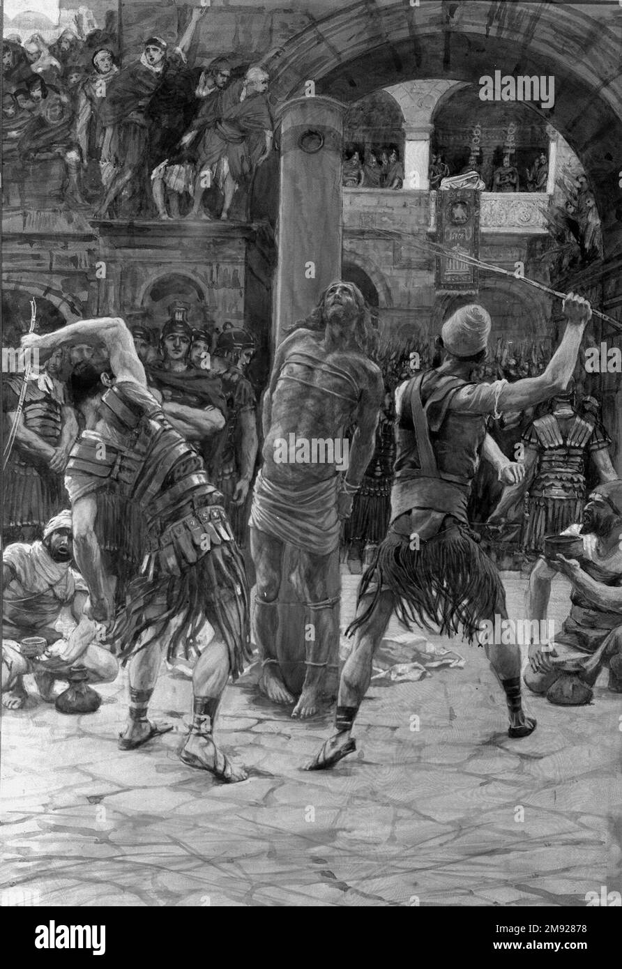 The Scourging on the Front (la flagellation de Face) James Tissot (francese, 1836-1902). The Scourging on the Front (la flagellation de Face), 1886-1894. Acquerello opaco su grafite su carta in wove grigia, immagine: 14 1/4 x 9 11/16 pollici (36,2 x 24,6 cm). Secondo Giovanni, mentre il governatore romano continua a trovare Gesù senza colpa, egli aderisce alle pressioni dei sacerdoti e decide di “castigarlo” attraverso il flagello. Gesù è legato, indifeso, ad una colonna di marmo e montato davanti ad un cortile affollato, mentre Pilato guarda sulla loggia del palazzo sullo sfondo. I tormentatori di Cristo eseguono un punishm Foto Stock The Scourging on the Front (la flagellation de Face) James Tissot (francese, 1836-1902). The Scourging on the Front (la flagellation de Face), 1886-1894. Acquerello opaco su grafite su carta in wove grigia, immagine: 14 1/4 x 9 11/16 pollici (36,2 x 24,6 cm). Secondo Giovanni, mentre il governatore romano continua a trovare Gesù senza colpa, egli aderisce alle pressioni dei sacerdoti e decide di “castigarlo” attraverso il flagello. Gesù è legato, indifeso, ad una colonna di marmo e montato davanti ad un cortile affollato, mentre Pilato guarda sulla loggia del palazzo sullo sfondo. I tormentatori di Cristo eseguono un punishm Foto Stock