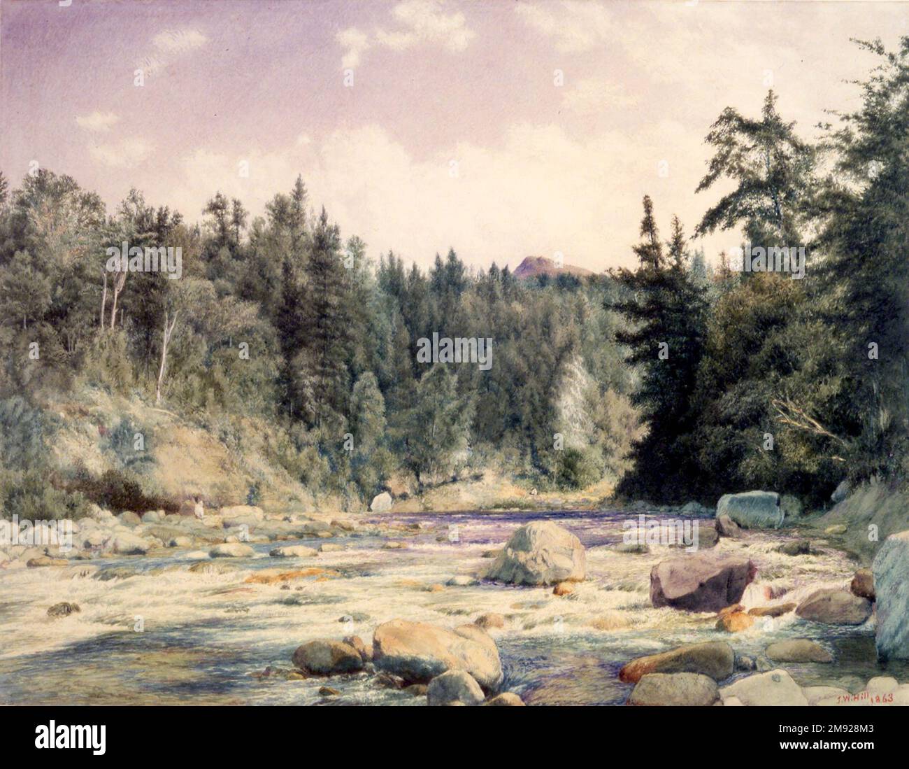 Mountain Stream John William Hill (americano, 1812-1879). Mountain Stream, 1863. Acquerello su grafite su carta ovata, foglio: 13 3/16 x 17 poll. (33,5 x 43,2 cm). John William Hill ha iniziato la sua carriera come pittore topografico e stampatore. Circa 1855 leggeva i moderni Pittori di John Ruskin e, sotto l’influenza del critico inglese, alterò il suo stile per produrre paesaggi molto dettagliati come questo. Mountain Stream è stato dipinto nel 1863 al segno dell'acqua alta della campagna di breve durata dei Ruskinesi americani per riformare la pittura di paesaggio americana. Questi radicali, di cui Hill era l'anziano Foto Stock