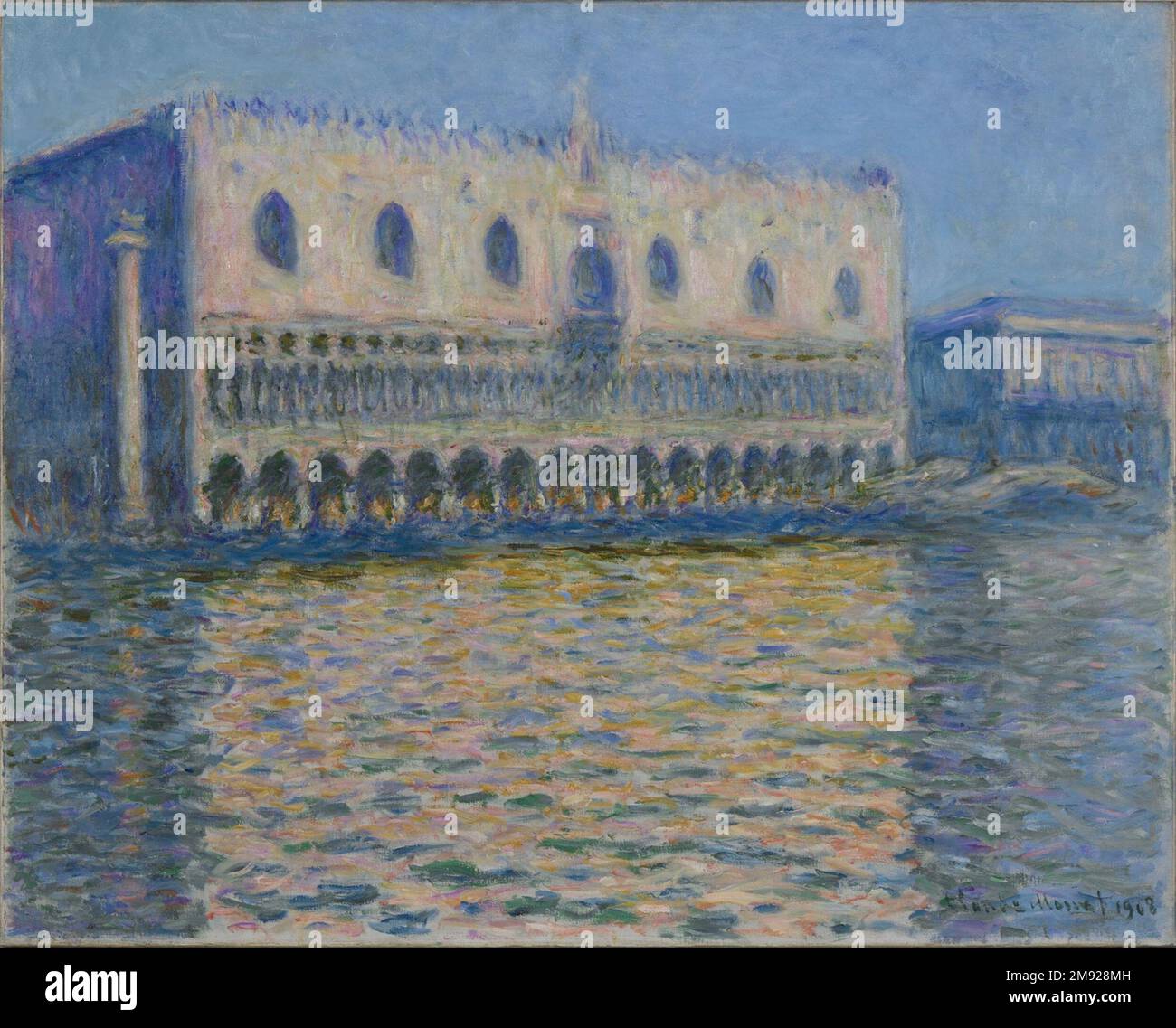 Palazzo Ducale Claude Monet (francese, 1840-1926). Palazzo Ducale, 1908. Olio su tela, 32 x 39 poll. (81,3 x 99,1 cm). Durante il suo unico viaggio a Venezia nel 1908, Claude Monet dipinse questa veduta della facciata del Palazzo Ducale da una gondola nel Canal Grande. Da tempo romanticizzata nell'immaginazione pubblica, la città era diventata di recente più accessibile attraverso nuove ferrovie e guide turistiche. Turista stesso, Monet si concentrò su monumenti storici come il Palazzo Ducale, l’edificio governativo progettato nel XIV secolo per assomigliare allo stile architettonico di Venezia Foto Stock