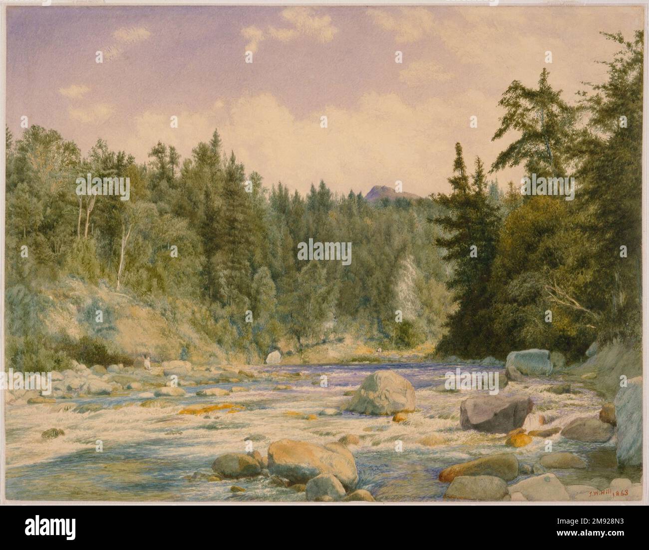 Mountain Stream John William Hill (americano, 1812-1879). Mountain Stream, 1863. Acquerello su grafite su carta ovata, foglio: 13 3/16 x 17 poll. (33,5 x 43,2 cm). John William Hill ha iniziato la sua carriera come pittore topografico e stampatore. Circa 1855 leggeva i moderni Pittori di John Ruskin e, sotto l’influenza del critico inglese, alterò il suo stile per produrre paesaggi molto dettagliati come questo. Mountain Stream è stato dipinto nel 1863 al segno dell'acqua alta della campagna di breve durata dei Ruskinesi americani per riformare la pittura di paesaggio americana. Questi radicali, di cui Hill era l'anziano Foto Stock