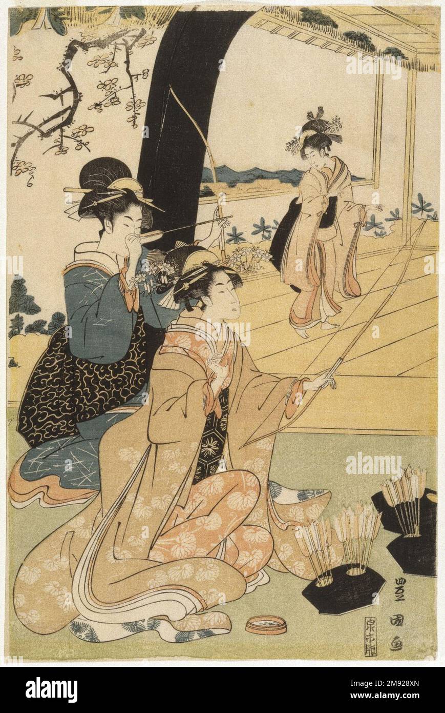 Giovani Samurai e presenze femminili che praticano la Tiro con l'Arco, metà di un Diptych Utagawa Toyokuni i (giapponese, 1769-1825). Giovani Samurai e prescieri femminili che praticano la Tiro con l'Arco, metà di un Dittico, ca. 1800. Stampa woodblock, 15 1/8 x 10 pollici (38,4 x 25,4 cm). Oltre alle sue celebri stampe d'attore kabuki, Toyokuni eccelse a immagini di belle donne, incorporando il tipo di figura lunga e lithe che era entrato in voga con l'opera di Kitagawa Utamaro (1750-1806) e di Torii Kiyonaga (1752-1815) nei decenni precedenti. Il tiro con l'arco era un'attività raffinata associata alla classe dei guerrieri samurai; th Foto Stock