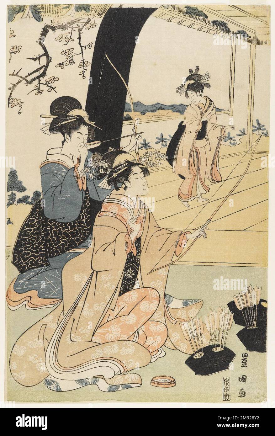 Giovani Samurai e presenze femminili che praticano la Tiro con l'Arco, metà di un Diptych Utagawa Toyokuni i (giapponese, 1769-1825). Giovani Samurai e prescieri femminili che praticano la Tiro con l'Arco, metà di un Dittico, ca. 1800. Stampa woodblock, 15 1/8 x 10 pollici (38,4 x 25,4 cm). Oltre alle sue celebri stampe d'attore kabuki, Toyokuni eccelse a immagini di belle donne, incorporando il tipo di figura lunga e lithe che era entrato in voga con l'opera di Kitagawa Utamaro (1750-1806) e di Torii Kiyonaga (1752-1815) nei decenni precedenti. Il tiro con l'arco era un'attività raffinata associata alla classe dei guerrieri samurai; th Foto Stock